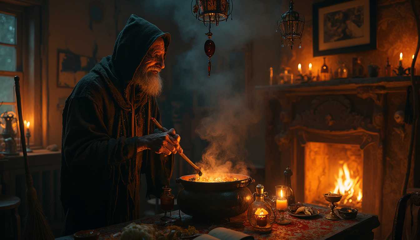The room is illuminated solely by the warm, ambient glow of flickering candles and dim lanterns. These light sources cast soft, wavering shadows across the space, giving it an intimate and mysterious atmosphere. The few windows present are shrouded in darkness, revealing nothing but the pitch-black void of the night outside. The inky blackness beyond the glass adds a sense of isolation, as if the room is cut off from the world, enveloped in an eerie stillness. The light inside contrasts sharply with the oppressive darkness outside, making the room feel like a solitary sanctuary amidst an endless, shadowy night.year 1775, eerie, horror, dark, pitch black, dark fantasy, 4k, hdr,  SINISTER evil extremely ugly old whitcher male, 105 years old in mysterical spectral looking worn out hoodie dress with occult symbols, long gray hair with perls in rasta dread locks, facing camera, tatoos in her face,  black tatoo stictches around her mouth, cole black around the eys, thers an orange light,  she is laughing evil, she is painted black around the eyes with black cole, she has wrinkles, her eyes are glowing  tint,  she wears  talismans, amulets,  light is concentrated from the candle, and the stowe, fire place, smoke,  alight are emerging from down the iron pot she is cooking in, spectral light, volumetric light, ambient light, moonlight through the window,  LIVING ROOM/KITCHEN, thers a dim light and a haze of the ingredients she is cooking on a iron stow in a iron pot,black cat spiders webs, wooden furniture, its old but beautyfull craftmans ship, elexirs, tinctures, veials, small bottles with colorfull treansparen luminant liquids, the witch are coocking in a big iron pot as whitches do. thers a broom in the corner vertical standing up the wall, its glowing faint, 
Cauldron, broomstick, athame, spellbook, mortar, pestle, vials, jars, herbs, crystals, candles, skulls, amulets, talismans, broom, pentacle, tarot, runes, chalice, wand, incense, goblet, mirror, crystal ball, bell, cauldron, bones, spiderwebs, cauldron, potions, dried flowers, bat wings, mandrake, nightshade, candles, feathers, potion bottles, broomstick, silver dagger, charm bag, wax seals, parchment, quill, ink, oils, salt, mortar, grimoire, tapestry.Lantern, black cat, broom bristles, owl feathers, hourglass, cauldron stand, wooden spoon, potion ingredients, moonstone, amethyst, cauldron ladle, silver chalice, dried toadstools, ivy vines, enchanted locket, spell scrolls, crow feathers, witch hat, obsidian stone, raven skull. The room is bathed in a warm, ambient glow, originating from various sources strategically placed around the space. Candles flicker on every available surface, their flames casting a soft, wavering light that dances across the walls and furniture. The golden light pools in the center of the room, leaving the corners shrouded in shadow, where the light barely reaches.

A few lanterns hang from the ceiling, their glass panes tinted slightly to diffuse the light, creating an intimate and almost ethereal atmosphere. The light they emit is subdued, adding a gentle warmth that complements the flickering candles. In the fireplace, embers smolder, casting a deep orange light that pulses faintly, adding a comforting, if slightly eerie, backdrop to the room.