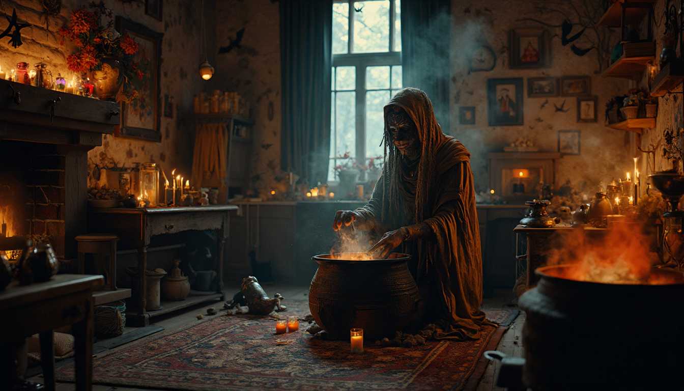 The room is illuminated solely by the warm, ambient glow of flickering candles and dim lanterns. These light sources cast soft, wavering shadows across the space, giving it an intimate and mysterious atmosphere. The few windows present are shrouded in darkness, revealing nothing but the pitch-black void of the night outside. The inky blackness beyond the glass adds a sense of isolation, as if the room is cut off from the world, enveloped in an eerie stillness. The light inside contrasts sharply with the oppressive darkness outside, making the room feel like a solitary sanctuary amidst an endless, shadowy night.year 1775, eerie, horror, dark, pitch black, dark fantasy, 4k, hdr,  SINISTER evil extremely ugly old whitcher male, 105 years old in mysterical spectral looking worn out hoodie dress with occult symbols, long gray hair with perls in rasta dread locks, facing camera, tatoos in her face,  black tatoo stictches around her mouth, cole black around the eys, thers an orange light,  she is laughing evil, she is painted black around the eyes with black cole, she has wrinkles, her eyes are glowing  tint,  she wears  talismans, amulets,  light is concentrated from the candle, and the stowe, fire place, smoke,  alight are emerging from down the iron pot she is cooking in, spectral light, volumetric light, ambient light, moonlight through the window,  LIVING ROOM/KITCHEN, thers a dim light and a haze of the ingredients she is cooking on a iron stow in a iron pot,black cat spiders webs, wooden furniture, its old but beautyfull craftmans ship, elexirs, tinctures, veials, small bottles with colorfull treansparen luminant liquids, the witch are coocking in a big iron pot as whitches do. thers a broom in the corner vertical standing up the wall, its glowing faint, 
Cauldron, broomstick, athame, spellbook, mortar, pestle, vials, jars, herbs, crystals, candles, skulls, amulets, talismans, broom, pentacle, tarot, runes, chalice, wand, incense, goblet, mirror, crystal ball, bell, cauldron, bones, spiderwebs, cauldron, potions, dried flowers, bat wings, mandrake, nightshade, candles, feathers, potion bottles, broomstick, silver dagger, charm bag, wax seals, parchment, quill, ink, oils, salt, mortar, grimoire, tapestry.Lantern, black cat, broom bristles, owl feathers, hourglass, cauldron stand, wooden spoon, potion ingredients, moonstone, amethyst, cauldron ladle, silver chalice, dried toadstools, ivy vines, enchanted locket, spell scrolls, crow feathers, witch hat, obsidian stone, raven skull. The room is bathed in a warm, ambient glow, originating from various sources strategically placed around the space. Candles flicker on every available surface, their flames casting a soft, wavering light that dances across the walls and furniture. The golden light pools in the center of the room, leaving the corners shrouded in shadow, where the light barely reaches.

A few lanterns hang from the ceiling, their glass panes tinted slightly to diffuse the light, creating an intimate and almost ethereal atmosphere. The light they emit is subdued, adding a gentle warmth that complements the flickering candles. In the fireplace, embers smolder, casting a deep orange light that pulses faintly, adding a comforting, if slightly eerie, backdrop to the room.