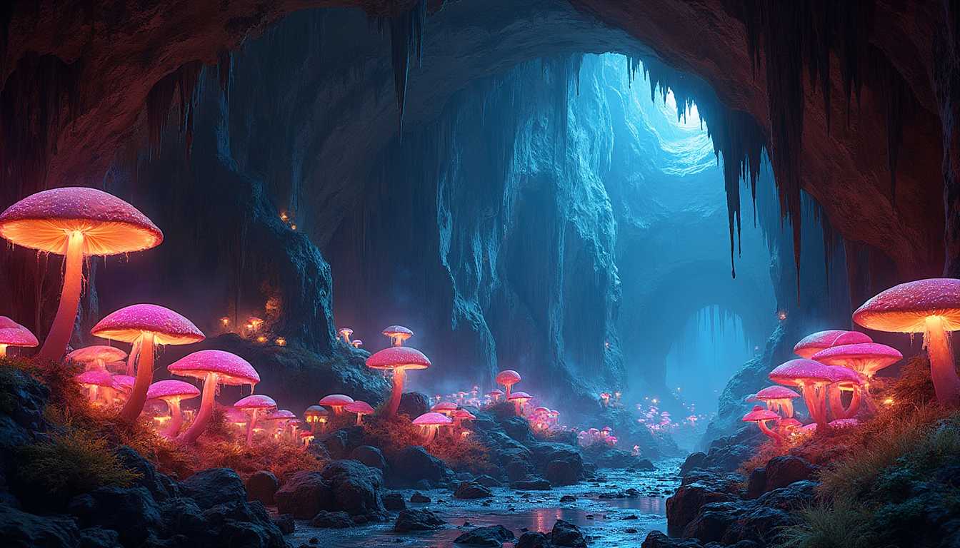 An immense cavern with towering stalactites and stalagmites, their surfaces glistening with moisture, illuminated by the soft, ethereal glow of magical mushrooms in every color of the rainbow. The mushrooms cast a kaleidoscope of enchanting lights that dance across the cavern walls, creating a magical, otherworldly atmosphere. The cavern is spacious with a high, arched ceiling and hidden nooks. The air is cool and slightly misty, enhancing the mystical ambiance. The scene is a blend of fantasy and natural wonder, reminiscent of an enchanted underground sanctuary. The lighting is dim with pockets of vibrant, multicolored luminescence emanating from the mushrooms, casting whimsical shadows and reflections. The point of view is wide-angle, capturing the grandeur and depth of the cavern, with a slight downward tilt to emphasize the foreground details of the uneven, rocky floor and the lush clusters of glowing fungi.
