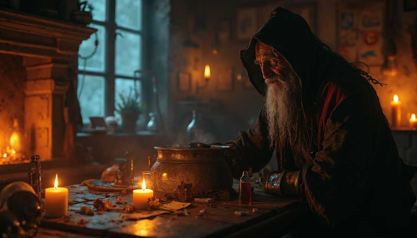 masterpiece, best quality, highres, sharp image, more detail <lora:more_details:0.5> <lora:SDXLrender_v2.0:1>, masterpiece, best quality, highres, sharp image, more detail <lora:more_details:0.5> <lora:SDXLrender_v2.0:1>Black cat**, Black raven, The room is illuminated solely by the warm, black cat**++, ambient glow of flickering candles and dim lanterns. These light sources cast soft, wavering shadows across the space, giving it an intimate and mysterious atmosphere. The few windows present are shrouded in darkness, revealing nothing but the pitch-black void of the night outside. Black cats,  The inky blackness beyond the glass adds a sense of isolation, as if the room is cut off from the world, enveloped in an eerie stillness. The light inside contrasts sharply with the oppressive darkness outside, making the room feel like a solitary sanctuary amidst an endless, shadowy night.year 1775, eerie, horror, dark, pitch black, dark fantasy, 4k, hdr,  SINISTER evil extremely ugly old whitcher male, 105 years old in mysterical spectral looking worn out hoodie dress with occult symbols, long gray hair with perls in rasta dread locks, facing camera, tatoos in her face,  black tatoo stictches around hes  mouth, cole black around the eys, thers an orange light,  he is laughing evil, she is painted black around the eyes with black cole, she has wrinkles, hes eyes are glowing  tint green,  he wears  talismans, amulets,  light is concentrated from the candle, and the stowe, fire place, smoke,  alight are emerging from down the iron pot he is cooking in, spectral light, volumetric light, ambient light, moonlight through the window,  LIVING ROOM/KITCHEN, thers a dim light and a haze of the ingredients he is cooking on a iron stow in a iron pot,black cat spiders webs, wooden furniture, its old but beautyfull craftmans ship, elexirs, tinctures, veials, small bottles with colorfull treansparen luminant liquids, the witch are coocking in a big iron pot as whitches do. thers a broom in the corner vertical standing up the wall, its glowing faint, 
Cauldron, broomstick, athame, spellbook, mortar, pestle, vials, jars, herbs, crystals, candles, skulls, amulets, talismans, broom, pentacle, tarot, runes, chalice, wand, incense, goblet, mirror, crystal ball, bell, cauldron, bones, spiderwebs, cauldron, potions, dried flowers, bat wings, mandrake, nightshade, candles, feathers, potion bottles, broomstick, silver dagger, charm bag, wax seals, parchment, quill, ink, oils, salt, mortar, grimoire, tapestry.Lantern, black cat, broom bristles, owl feathers, hourglass, cauldron stand, wooden spoon, potion ingredients, moonstone, amethyst, cauldron ladle, silver chalice, dried toadstools, ivy vines, enchanted locket, spell scrolls, crow feathers, witch hat, obsidian stone, raven skull. The room is bathed in a warm, ambient glow, originating from various sources strategically placed around the space. Candles flicker on every available surface, their flames casting a soft, wavering light that dances across the walls and furniture. The golden light pools in the center of the room, leaving the corners shrouded in shadow, where the light barely reaches.

A few lanterns hang from the ceiling, their glass panes tinted slightly to diffuse the light, creating an intimate and almost ethereal atmosphere. The light they emit is subdued, adding a gentle warmth that complements the flickering candles. In the fireplace, embers smolder, casting a deep orange light that pulses faintly, adding a comforting, if slightly eerie, backdrop to the room.