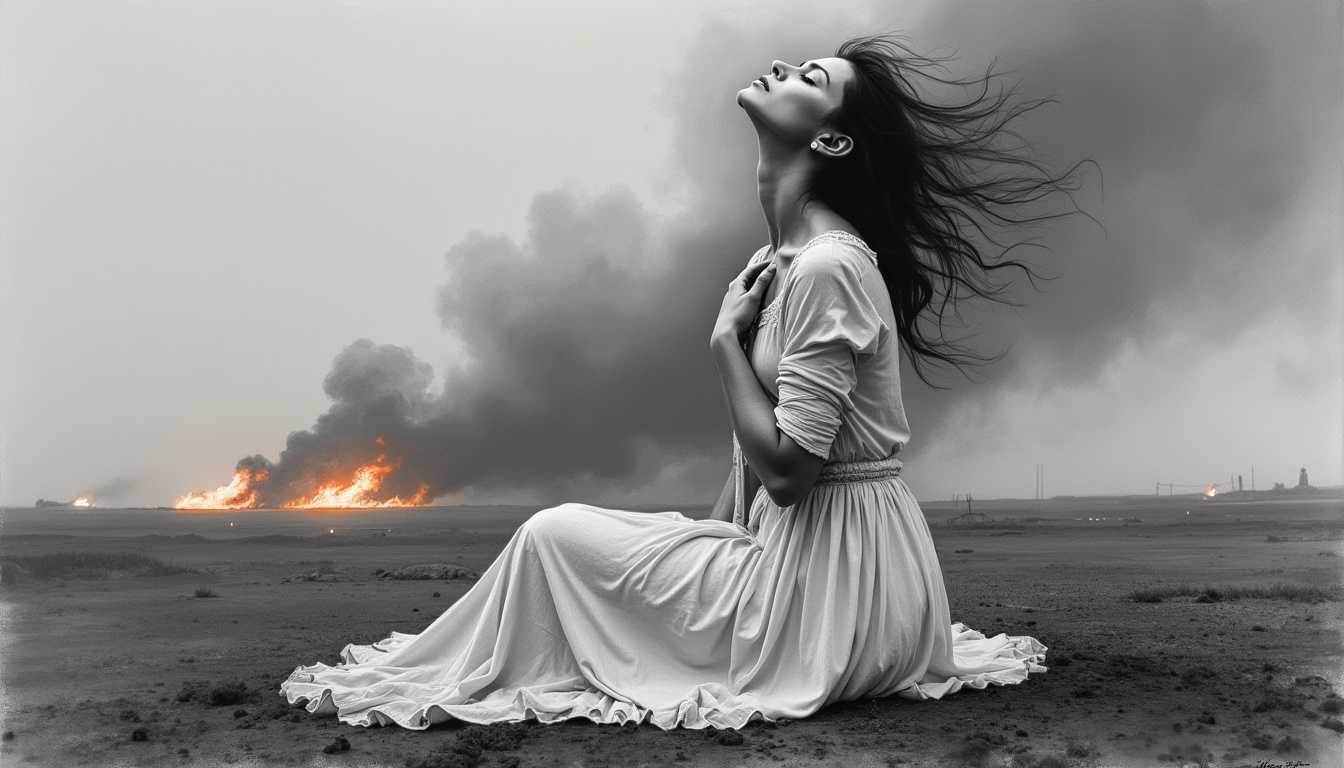 Charcoal drawing, woman in flowing white vyshyvanka dress seated on barren ground, body turned slightly left, back straight, head tilted far back exposing neck, right hand on chest, left arm supporting, eyes closed, mouth slightly open, vulnerable and introspective expression, looking up at smoky sky, post-apocalyptic landscape, distant fires, realistic style, monochromatic with warm fire accents, soft diffused lighting, blended textures, asymmetrical composition, vertical leading lines, dreamy atmosphere, high contrast, detailed facial features