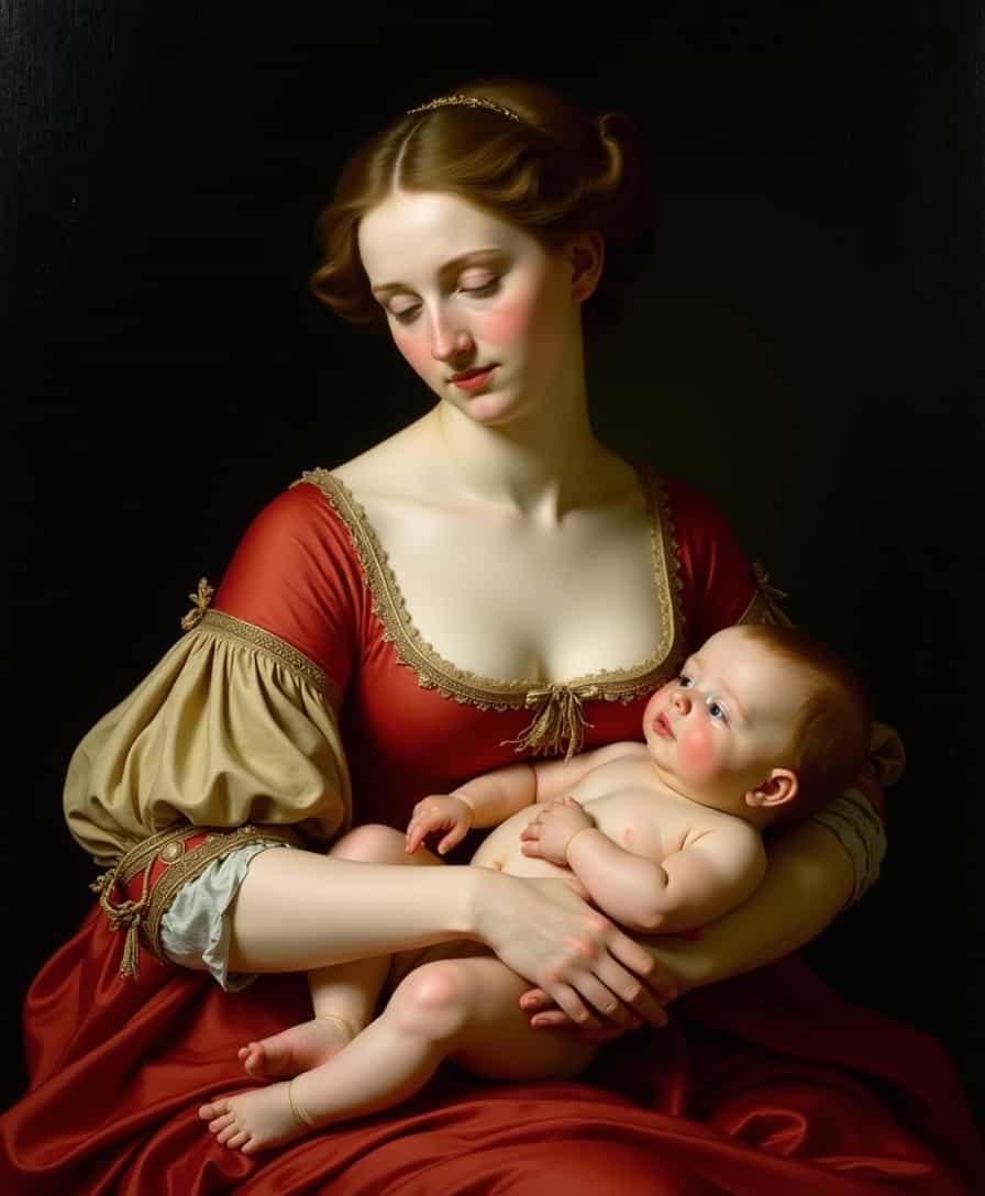 A serene, classical portrait of a woman holding a baby, Renaissance-style. The woman is seated upright with a slight torso angle, head gently tilted downwards, calm and introspective expression, relaxed shoulders. Pale, fair skin, light brown hair in a soft, loose updo. She wears a flowing red and beige gown with deep red velvet texture and golden accents. The baby is cradled close to her chest, positioned horizontally across her lap, with pale skin, round face, and short light brown hair. The baby's head is slightly tilted upwards, with eyes looking forward, conveying a curious expression. The baby’s right arm bent at the elbow, hand near the chest, left arm slightly extended outward, resting on the woman’s chest. The baby’s legs are bent at the knees, feet visible beneath the gown, relaxed and slightly spread. 
The background is deep, rich black with a smooth matte texture. Soft, diffused lighting from the front and slightly above, casting gentle shadows that highlight the contours.