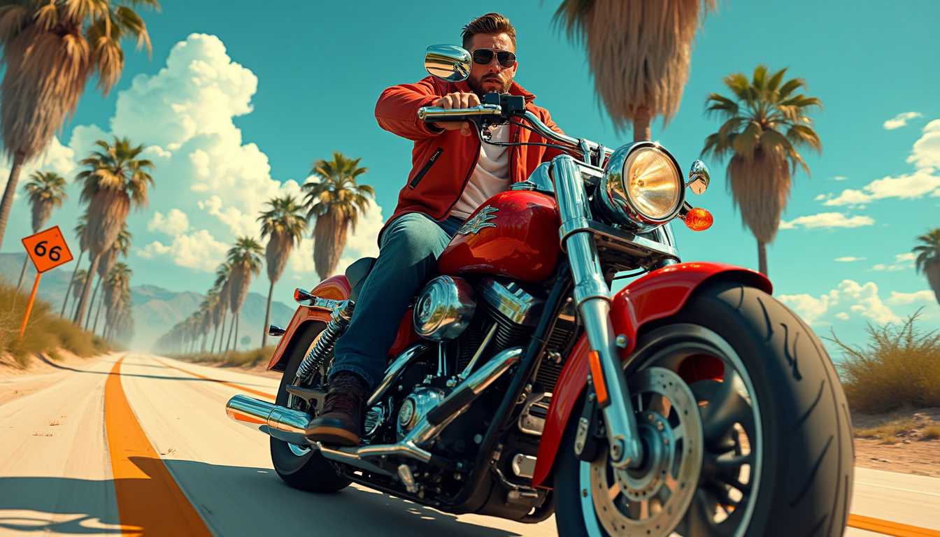 A gang man riding a red Harley motorcycle on futuristic Route 66, confident demeanor, sleek design, rebellious spirit, Shot with a DSLR camera using a wide-angle lens, Natural sunlight creates well-defined shadows and bright highlights, Blend of impressionism and expressionism. Low-angle perspective of the gang man and motorcycle, emphasis on power and presence, Shot with a DSLR camera using a wide-angle lens, Natural sunlight creates depth and dimension, Anime-inspired style with a touch of cyberpunk.