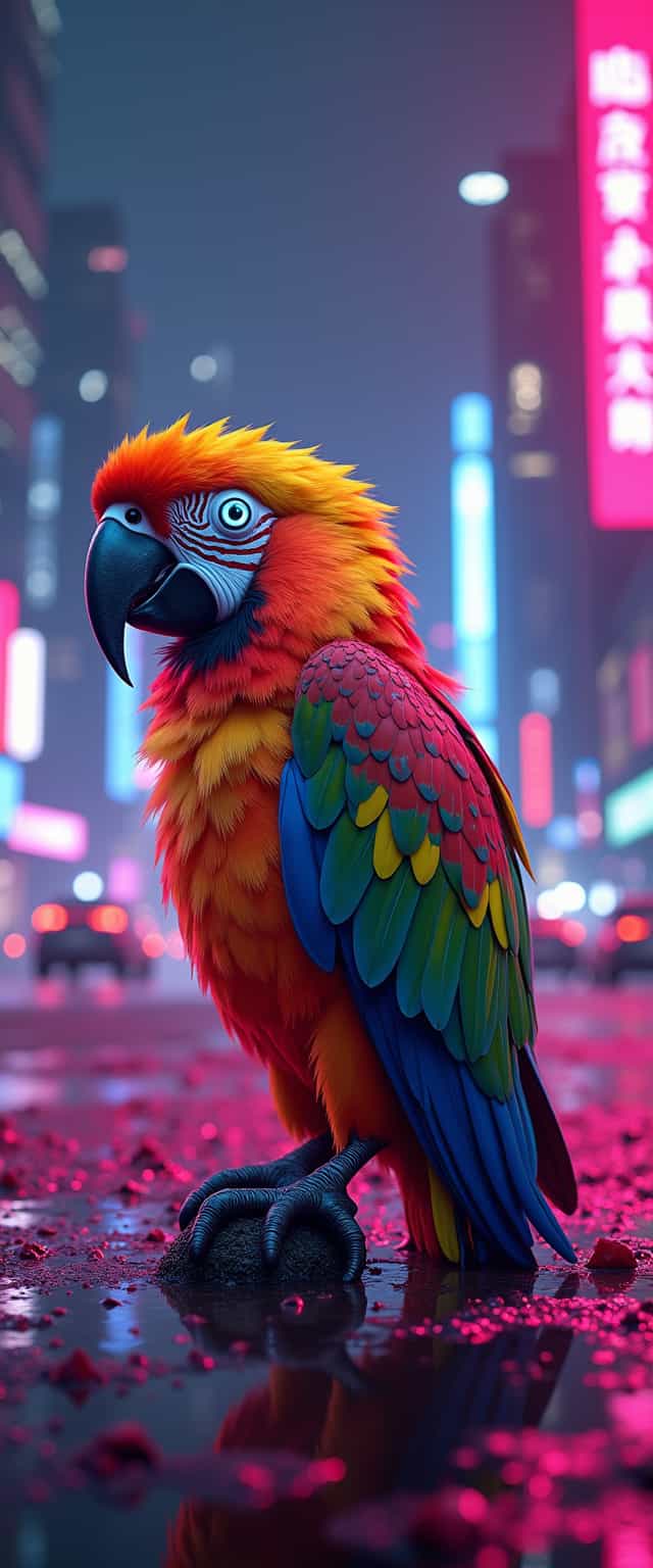 MAD-CBRPNKSPLSHRT, PAINT SPLASHES, OUTRUN, A vibrant cyberpunk parrot perched confidently amid swirling, multicolored paint splashes. The bird’s feathers blend seamlessly with the neon hues around it, creating a dynamic and eye-catching contrast against a dark, futuristic cityscape. The scene is rendered in an outrun aesthetic, with glowing neon lights, deep purples, electric blues, and intense magentas illuminating the backdrop. The parrot is in the foreground, positioned slightly to the right, caught mid-caw, with intense, glowing cybernetic eyes. The background features blurred silhouettes of towering skyscrapers and flying cars, adding depth and scale. The lighting is dramatic, with sharp contrasts and reflections accentuated by the wet surfaces and shiny materials. The mood is electric and bustling, capturing the energy of a cyberpunk metropolis at night. Photorealistic detailing combined with a hyper-saturated color palette creates a vivid and striking composition.