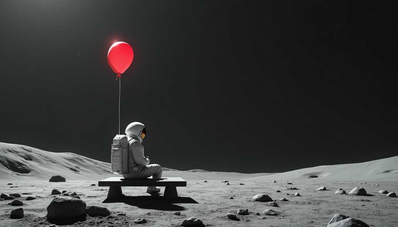 Create a surreal scene with an astronaut sitting on a bench on the moons surface. The astronaut is facing away from the viewer, giving a sense of solitude and contemplation. The astronaut is holding onto a single red balloon, which floats in the vacuum of space. The moons surface is shown in grayscale, with craters and rocks scattered around. The sky is pitch black, with stars faintly visible in the distance. The red balloon stands out as a bright, luminous point of color in the darkness, creating a stark contrast and drawing the viewers eye. The overall mood of the image is one of quiet isolation, punctuated by the unexpected presence of the balloon.