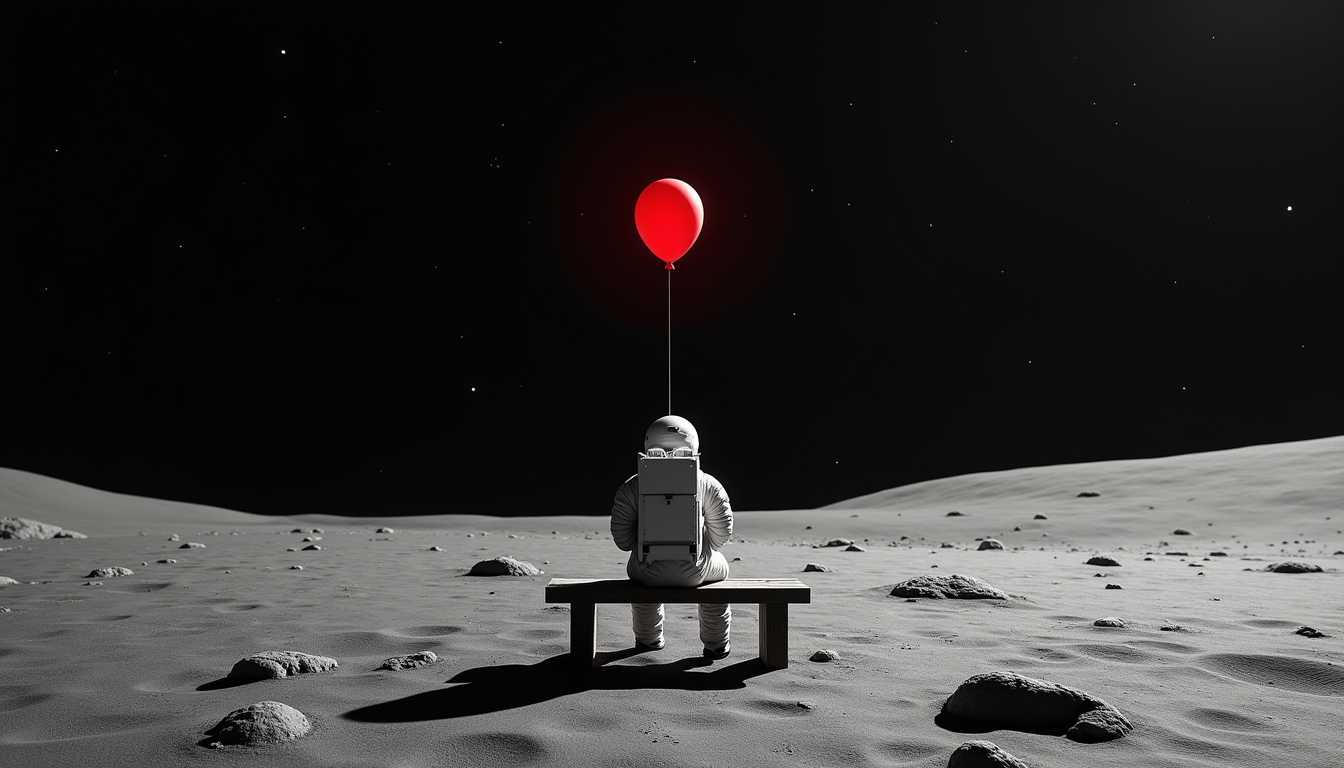 Create a surreal scene with an astronaut sitting on a bench on the moons surface. The astronaut is facing away from the viewer, giving a sense of solitude and contemplation. The astronaut is holding onto a single red balloon, which floats in the vacuum of space. The moons surface is shown in grayscale, with craters and rocks scattered around. The sky is pitch black, with stars faintly visible in the distance. The red balloon stands out as a bright, luminous point of color in the darkness, creating a stark contrast and drawing the viewers eye. The overall mood of the image is one of quiet isolation, punctuated by the unexpected presence of the balloon.