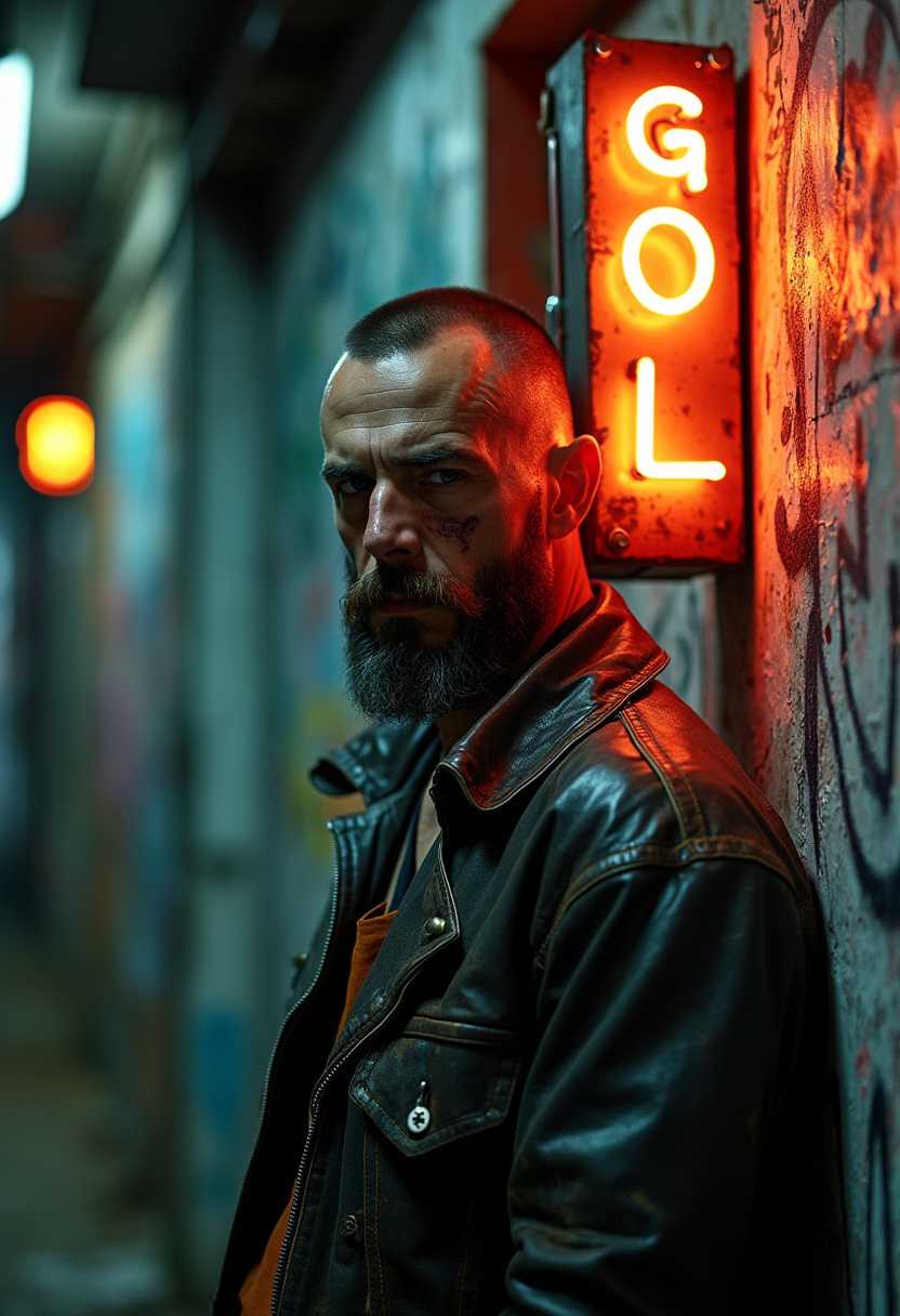 A hyper-realistic portrait of an urban gang leader, standing in a dimly lit alley, shot with an Arri Alexa LF using a Zeiss Master Prime 50mm lens. The leader’s face is partially illuminated by a flickering neon sign, capturing the gritty textures of their worn leather jacket and facial scars. The background is a blur of graffiti-covered walls, with a shallow depth of field (f/1.4) that creates a cinematic bokeh, inspired by Roger Deakins’ moody lighting in 'Blade Runner 2049.'"