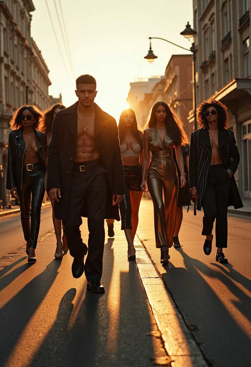 A stylish, wide-angle shot of an urban gang, captured mid-walk in a deserted city street, taken with a Canon EOS R5 using a Zeiss Master Prime 50mm lens. Each member wears a unique, high-fashion outfit, blending streetwear with couture elements. The golden hour lighting casts long shadows, creating a dramatic and sophisticated atmosphere. The composition emphasizes the gang’s unity and style, with a focus on the flow and movement of their clothing, influenced by Emmanuel Lubezki’s use of natural light."