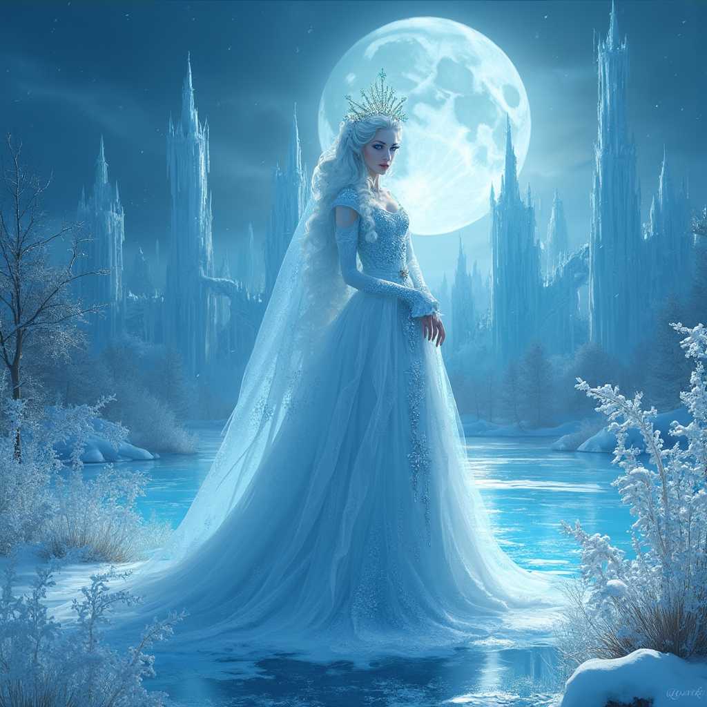 Illustration of Hans Christian Andersen's "The Snow Queen," cinematic, photorealism -- 

A breathtaking winter scene captures the essence of Hans Christian Andersen's "The Snow Queen." The setting is an icy, ethereal landscape bathed in the cool light of the full moon. The Snow Queen, a regal and enigmatic figure, is at the center, standing on a frozen lake. She is adorned in a flowing, sparkling gown of pure ice and snow, with a majestic crown of intricate frost patterns resting on her silvery hair. Her piercing blue eyes reflect the cold beauty of the scene, and her expression is both alluring and chilling.

The background reveals an expansive icy palace with tall, crystalline spires that glisten under the moonlight. Snowflakes gently fall, adding a magical, serene ambiance to the environment. Lighting is key, with a soft, bluish hue enveloping the scene, casting long, dramatic shadows that enhance the cinematic quality. The composition places the Snow Queen slightly off-center, drawing the viewer's eye to her while also allowing appreciation of the detailed surroundings.

In the foreground, delicate ice flowers and frost-covered trees frame the image, their textures vividly rendered to enhance the photorealistic style. The atmosphere is one of quiet, mesmerizing beauty,