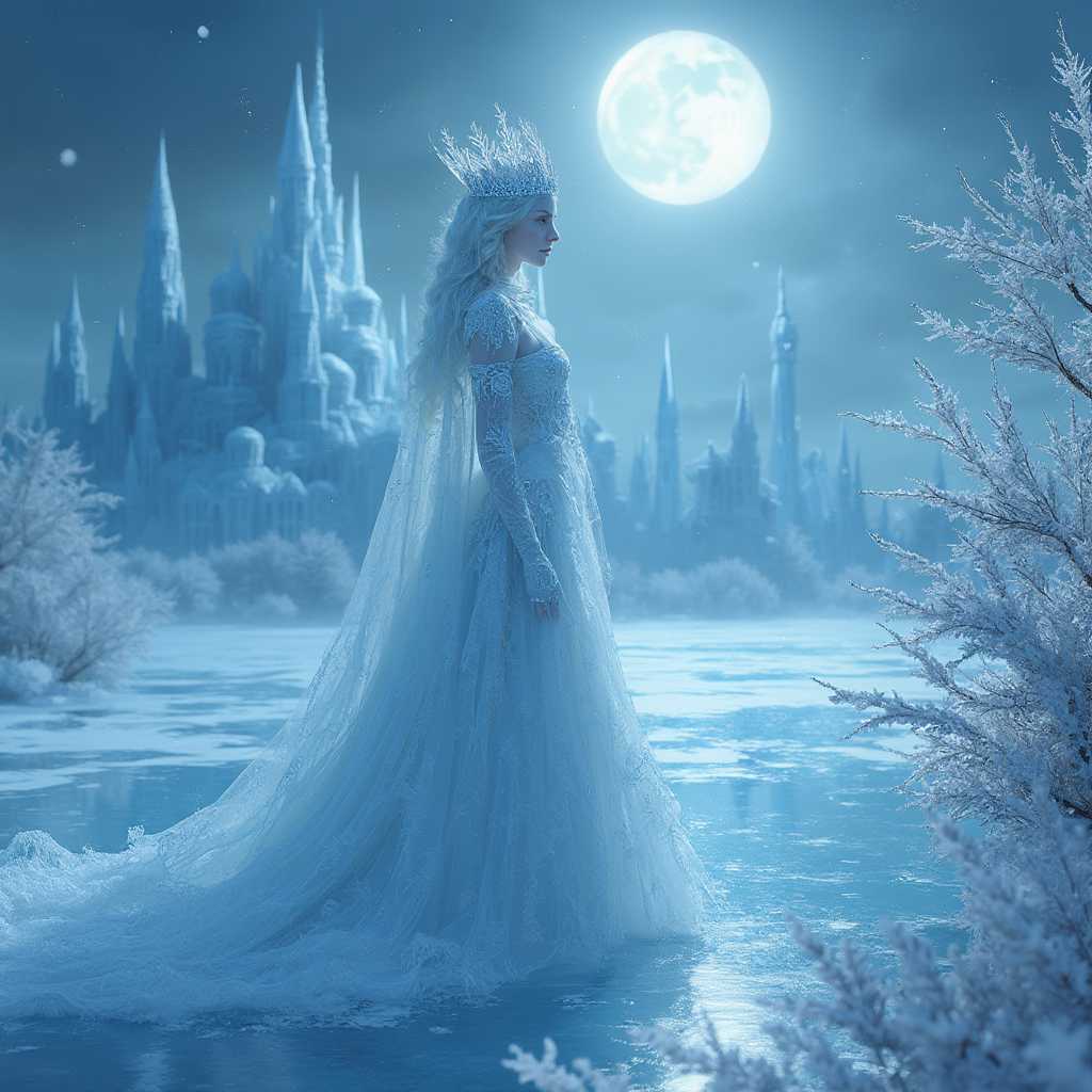 Illustration of Hans Christian Andersen's "The Snow Queen," cinematic, photorealism -- 

A breathtaking winter scene captures the essence of Hans Christian Andersen's "The Snow Queen." The setting is an icy, ethereal landscape bathed in the cool light of the full moon. The Snow Queen, a regal and enigmatic figure, is at the center, standing on a frozen lake. She is adorned in a flowing, sparkling gown of pure ice and snow, with a majestic crown of intricate frost patterns resting on her silvery hair. Her piercing blue eyes reflect the cold beauty of the scene, and her expression is both alluring and chilling.

The background reveals an expansive icy palace with tall, crystalline spires that glisten under the moonlight. Snowflakes gently fall, adding a magical, serene ambiance to the environment. Lighting is key, with a soft, bluish hue enveloping the scene, casting long, dramatic shadows that enhance the cinematic quality. The composition places the Snow Queen slightly off-center, drawing the viewer's eye to her while also allowing appreciation of the detailed surroundings.

In the foreground, delicate ice flowers and frost-covered trees frame the image, their textures vividly rendered to enhance the photorealistic style. The atmosphere is one of quiet, mesmerizing beauty,