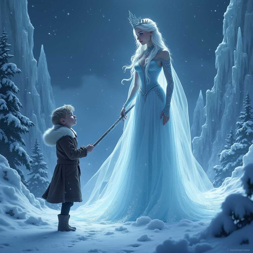 Cinematic, photorealistic illustration: The Snow Queen from Hans Christian Andersen's fairy tale. The Snow Queen, an ethereal figure, stands amidst an icy landscape. She has sharp, elegant features, wearing a flowing, crystalline gown that glistens as it catches the light. Her icy blue eyes and long, silver hair sparkle with the coldness of a winter storm. Surrounding her is a fantastical frozen palace with towering icicles and intricate ice sculptures, reflecting the cold, silvery twilight.

In the foreground, Kai, a young boy, gazes up at her, his expression a mix of fear and wonder, while Gerda, a brave, determined girl, reaches out to him, trying to pull him back. The snowy environment is highly detailed, with falling snowflakes captured in mid-air and the glimmering reflection of moonlight off the icy surfaces.

The overall mood is chilling yet enchanting, capturing the magical and ominous atmosphere of the tale. Use dramatic lighting and deep shadows to enhance the cinematic feel, with a focus on photorealism to make each character and element stand out vividly.