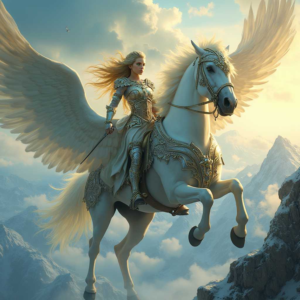 Valkyrie soaring through the sky, clad in intricate, gleaming armor that shimmers in the sunlight, with detailed engravings and inlaid jewels. Her flowing, raven-black hair whips behind her in the wind as she rides a majestic winged horse, its feathers a striking blend of white and silver. They are set against a backdrop of towering, snow-capped mountains under a vibrant, azure sky. Rays of golden sunlight pierce through scattered clouds, casting a divine glow over the scene. The Valkyrie’s fierce blue eyes are fixed on the horizon, exuding strength and determination. The overall atmosphere combines elements of Norse mythology with high-fantasy aesthetics. The composition features a dynamic medium shot, capturing the Valkyrie and her steed predominantly in the foreground with the natural landscape stretching out behind them. The artistic style is reminiscent of romanticism, with a focus on dramatic, emotive imagery and rich, vivid color palettes.