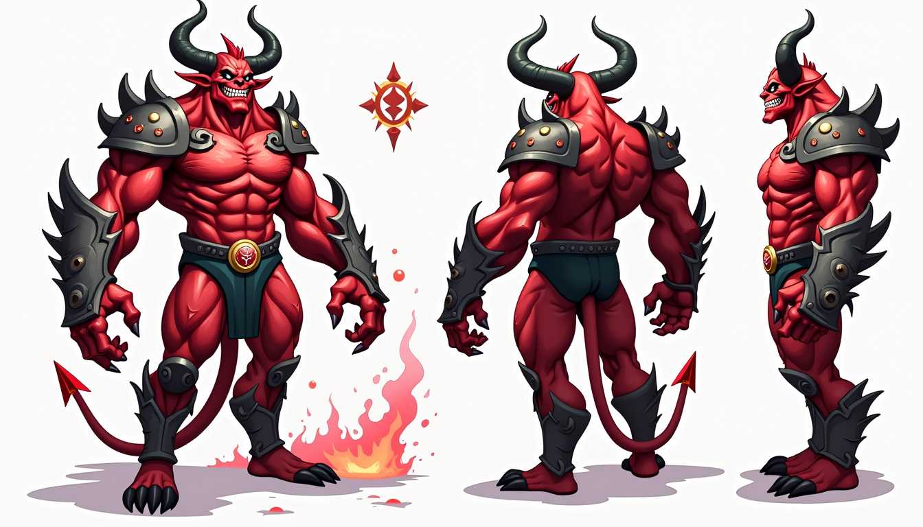 CharacterDesignFLUX, reference sheet, white background, simple background, multiple views, upper body, front, from side, color palette reference, high_detailed, captured in high detail, (all character characteristics), magic particles, multiple references, , d00mstyle, Doom ennemy devil smile