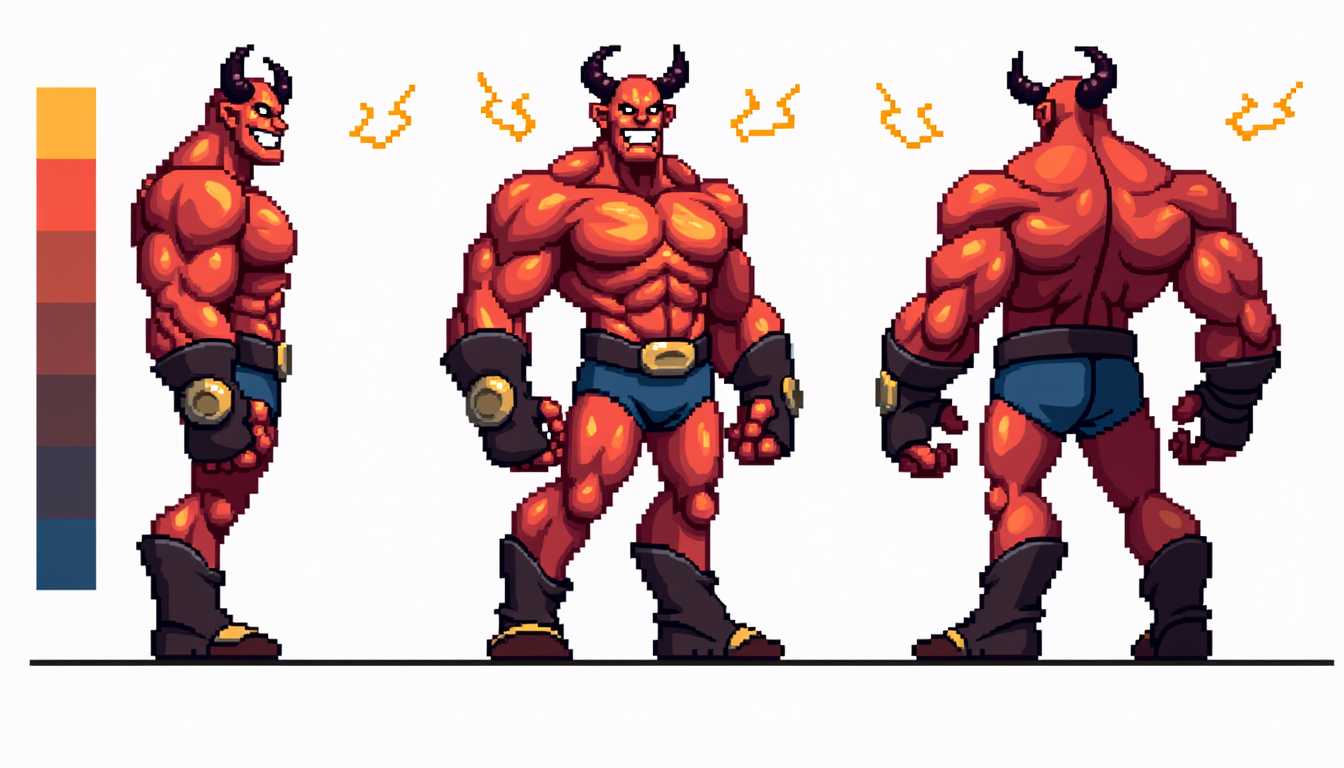 Pixel art character design reference sheet featuring a highly detailed, muscled Doom hero with a devilish smile. The sheet is laid out on a simple white background, showcasing multiple views of the character's upper body, including a frontal view and a side profile. Each view is meticulously rendered to capture all character characteristics and enhanced with high_detail. Magic particles subtly float around the character, adding a mystical aura. A color palette reference is provided to the side, ensuring accuracy in hues and tones. d00mstyle is the key artistic influence, and the image is captured with high attention to detail, ensuring clarity and precision in every pixel. This reference sheet combines the nostalgic charm of pixel art with modern high-resolution techniques for a comprehensive character design guide.