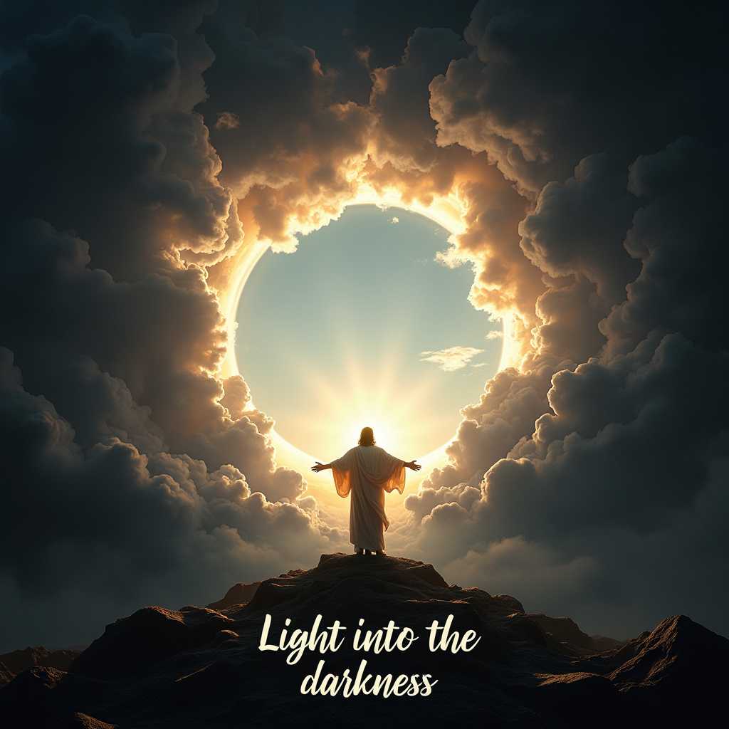 create realistic image starting with a pure black background with a large circular opening  made of clouds with a bright light in the center,  It front  of the opening stands a realistic image of Jesus and the words Title "Light into the darkness" at the bottom