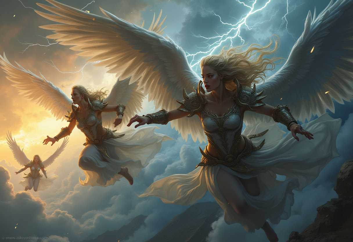 A dynamic scene of ethereal Valkyries soaring through stormy skies, clad in shimmering armor, with flowing hair and fierce expressions, illuminated by dramatic lightning, evoking a sense of power and majesty.