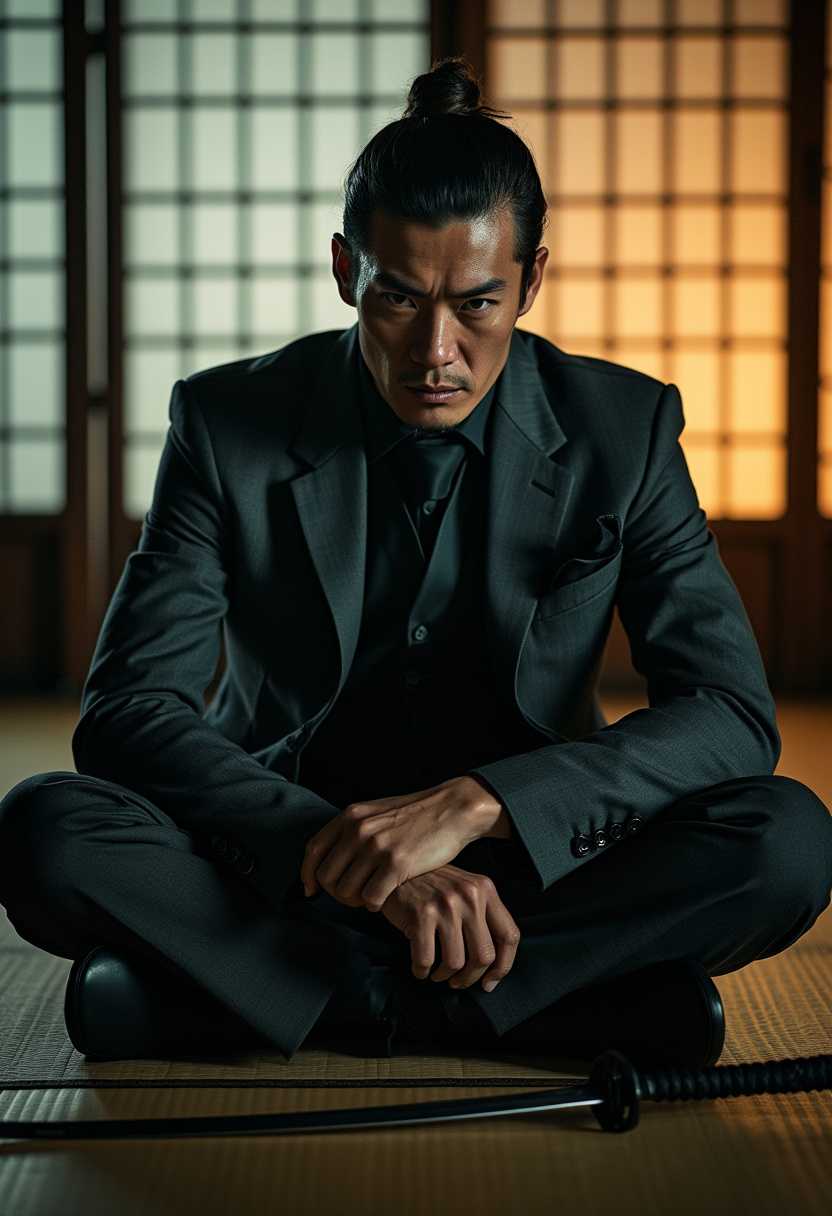 A dramatic, ultra-realistic portrait of a Yakuza lieutenant, taken with an Arri Alexa LF and a Canon RF 85mm f/1.2L lens, using Rembrandt lighting to cast deep shadows and highlight his angular features. He is seated in a traditional tatami room, with a katana resting by his side. The background is a blend of shadows and light, created by the shoji screen, adding a sense of mystery. The shallow depth of field (f/1.4) isolates him from the environment, making the textures of his suit and the intensity of his gaze the focal points of the shot."
