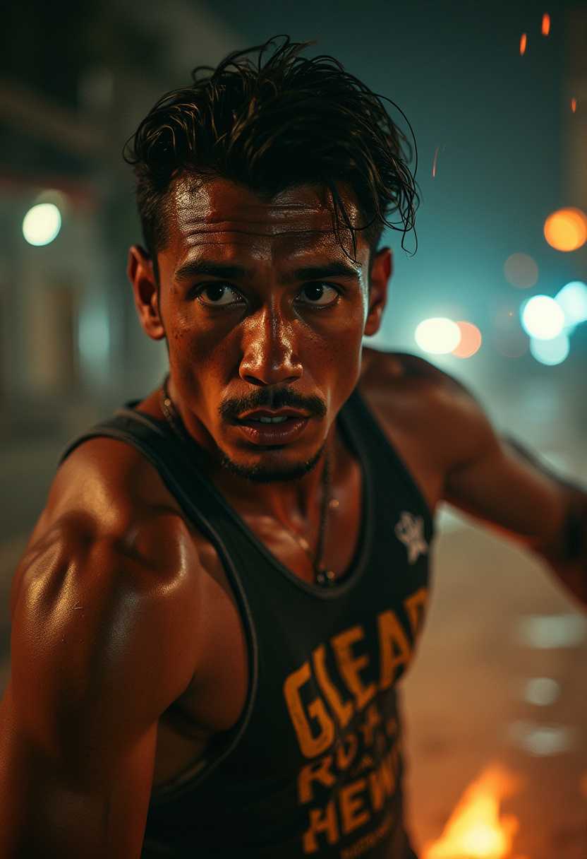 A dramatic action portrait of a Salvadoran gang member in the heat of the moment, captured with an Arri Alexa LF and a Zeiss Master Prime 50mm lens. The subject, caught mid-fight, is positioned with a Dutch angle to enhance the tension and unease in the scene. The key light accentuates the sweat and dirt on his skin, while a subtle rim light outlines his figure against the dim, flickering streetlights. The background is a chaotic blur of motion, achieved with a slow shutter speed (1/30s), giving a sense of urgency and movement, while the subject remains sharply in focus."
