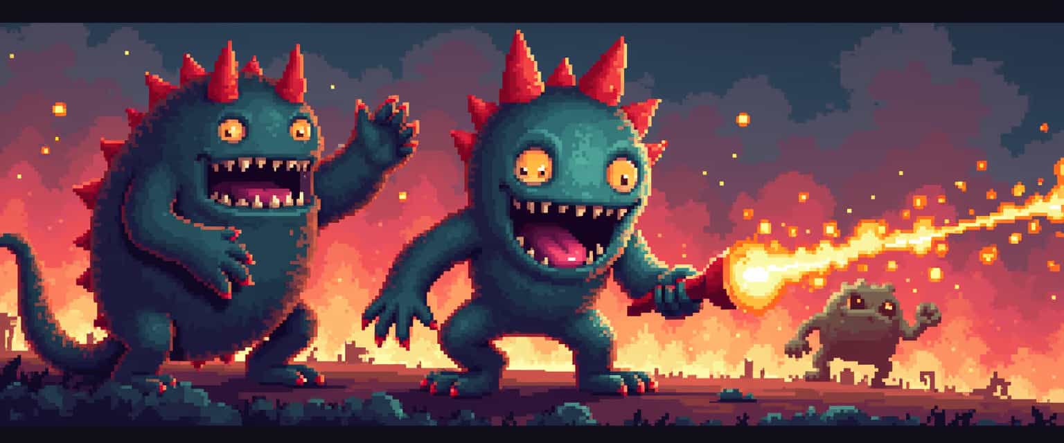 pixel art, tongue out, open mouth, uvula, , d00mstyle monsters throwing fire balls