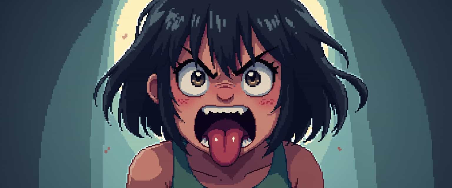 pixel art, tongue out, open mouth, uvula, , d00mstyle 11 years old girl really angry