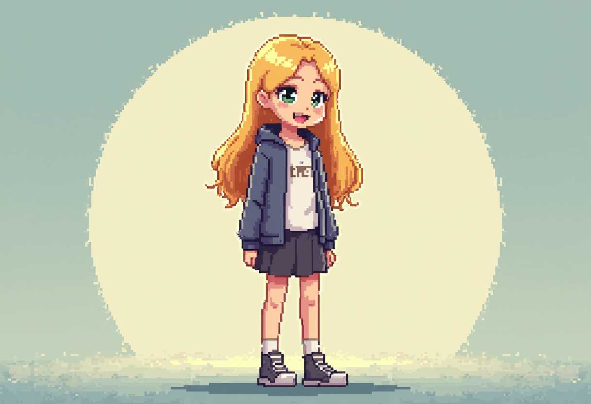 , pixel art d00mstyle full body shot 12 years old girl blond hairs 1 meter and 46 cm tall really happy