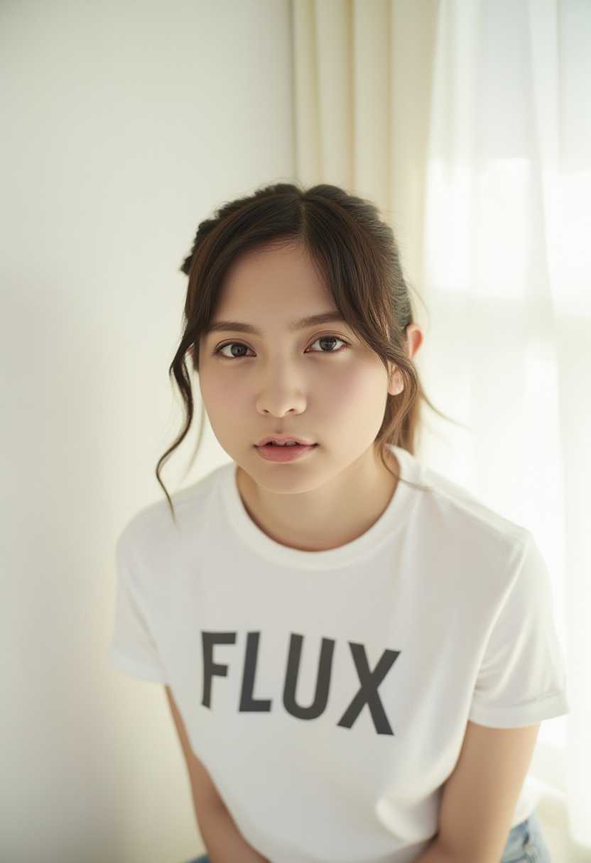 Contemplative Young Woman Wearing FLUX TShirt by a Window