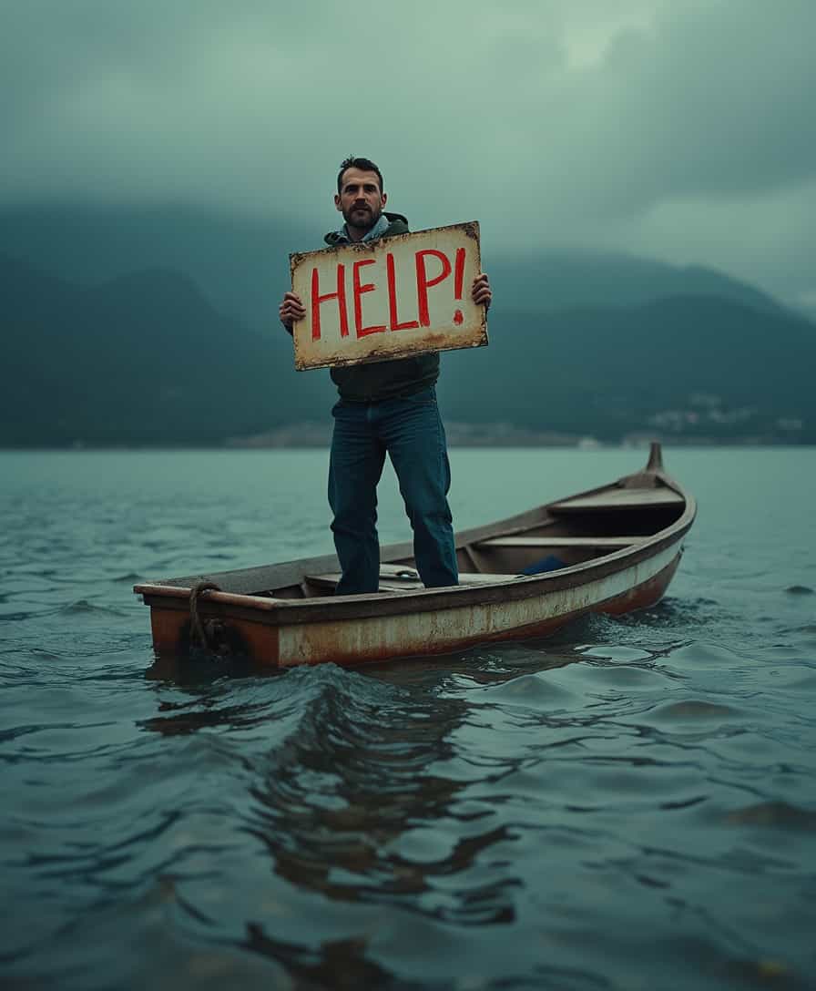 a guy on a small row boat sinking, taking on water, the guy is standing in the boat, looking at viewer, facing camera, with a sign with the words "HELP!" in red