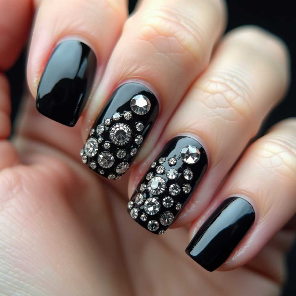 Close up of incredible detailed fashion nails, black nail polish with crystal rhinestones (NO TEXT)
