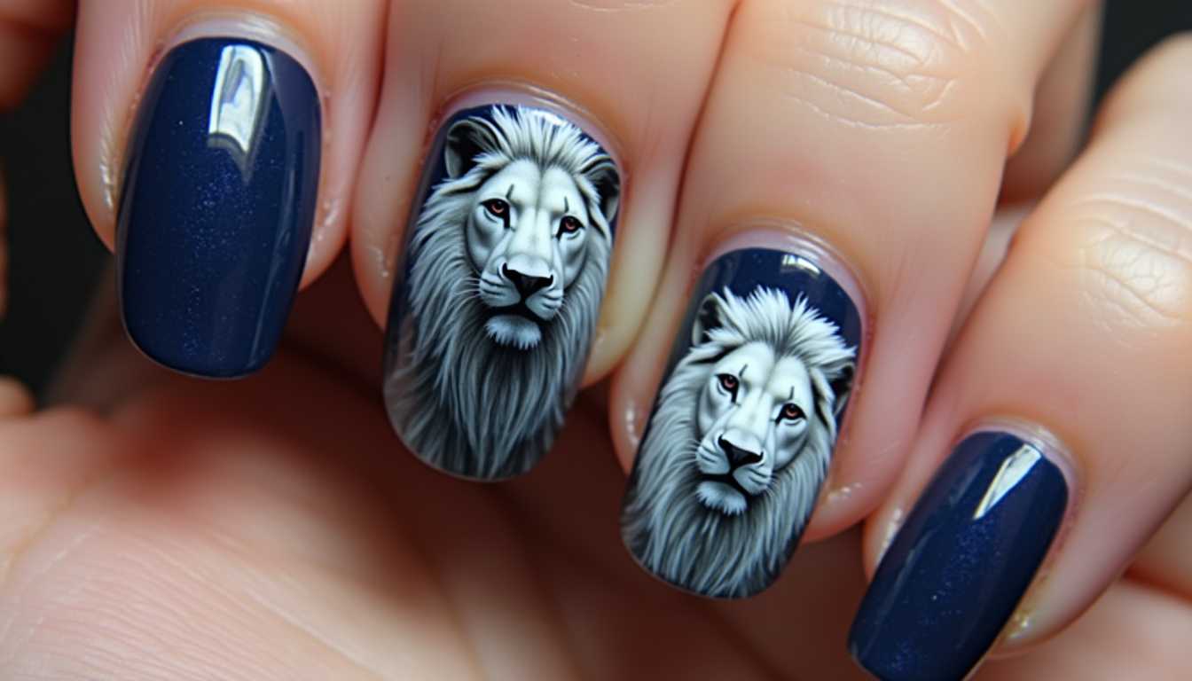 Stylish Lion Nail Art Design on Fingernails