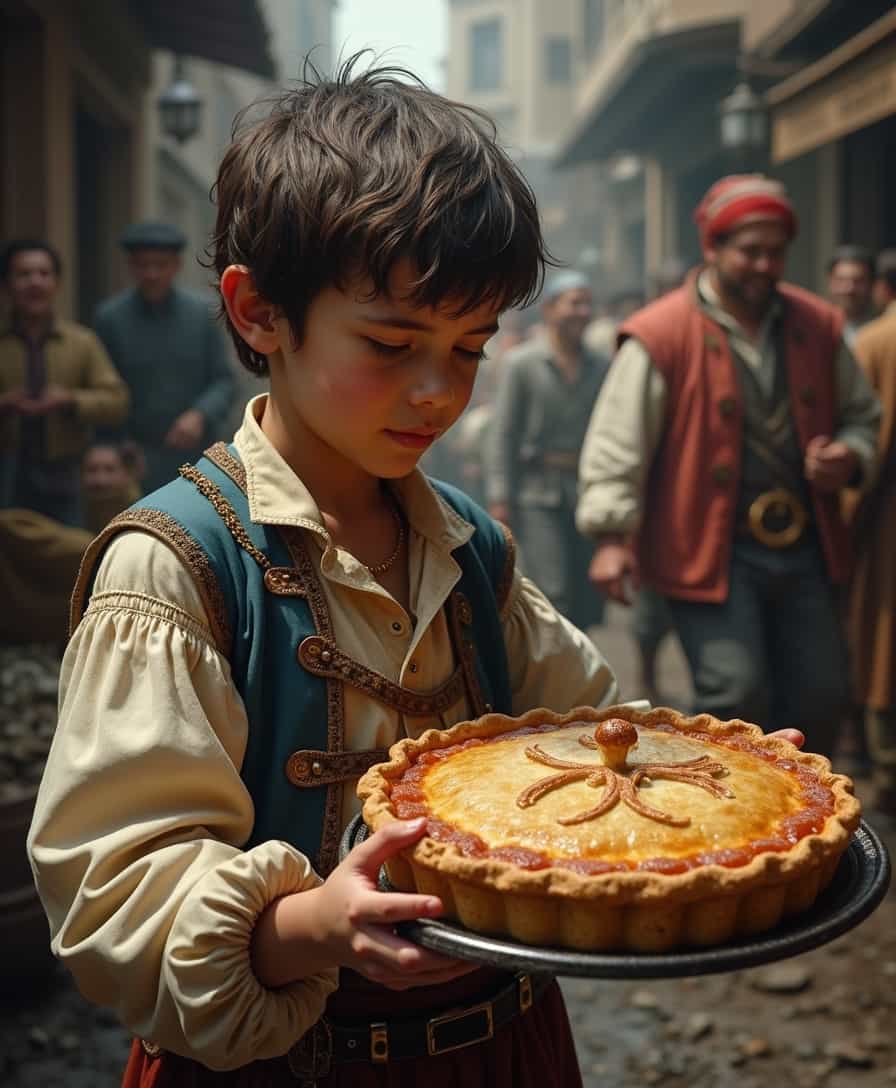 hyperrealistic art a little dirty boy steals a pie from a merchant, the action takes place in the 18th century, anatomically correct, hyper-detailed, realistic, cinematic lighting, HD Quality, 4k resolution, 8k resolution,  art by Donato Giancola and Bayard Wu and WLOP and Artgerm, in the style of One Piece, extremely high-resolution details, photographic, realism pushed to extreme, fine texture, incredibly lifelike