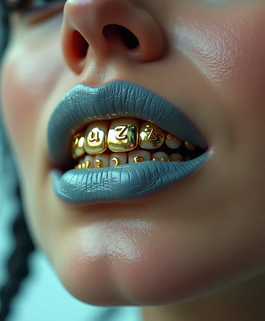 FP100C_FLUX Close-up of a woman’s mouth showing her teeth grill. The grill is made of shiny gold and displays the word 'buzz,'. The woman’s blueish-grey lips are slightly parted, revealing the gold grill. Cyberpunk braid, The overall mood is bold and stylish, with the focus on the detailed craftsmanship of the grill. The lighting is bright, emphasizing the metallic shine of the gold and the smooth texture of her lips, while the background is blurred to keep attention on her mouth. high quality analog photo with minimal grain and perfect very detailed realistic skin, natural woman