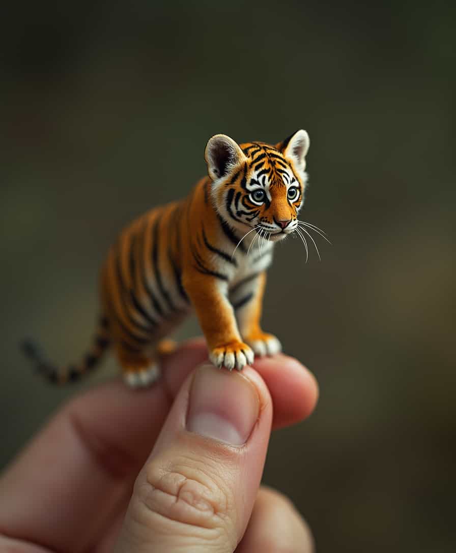 Mesmerizing Miniature Tiger Cub Perched atop a Human Finger
