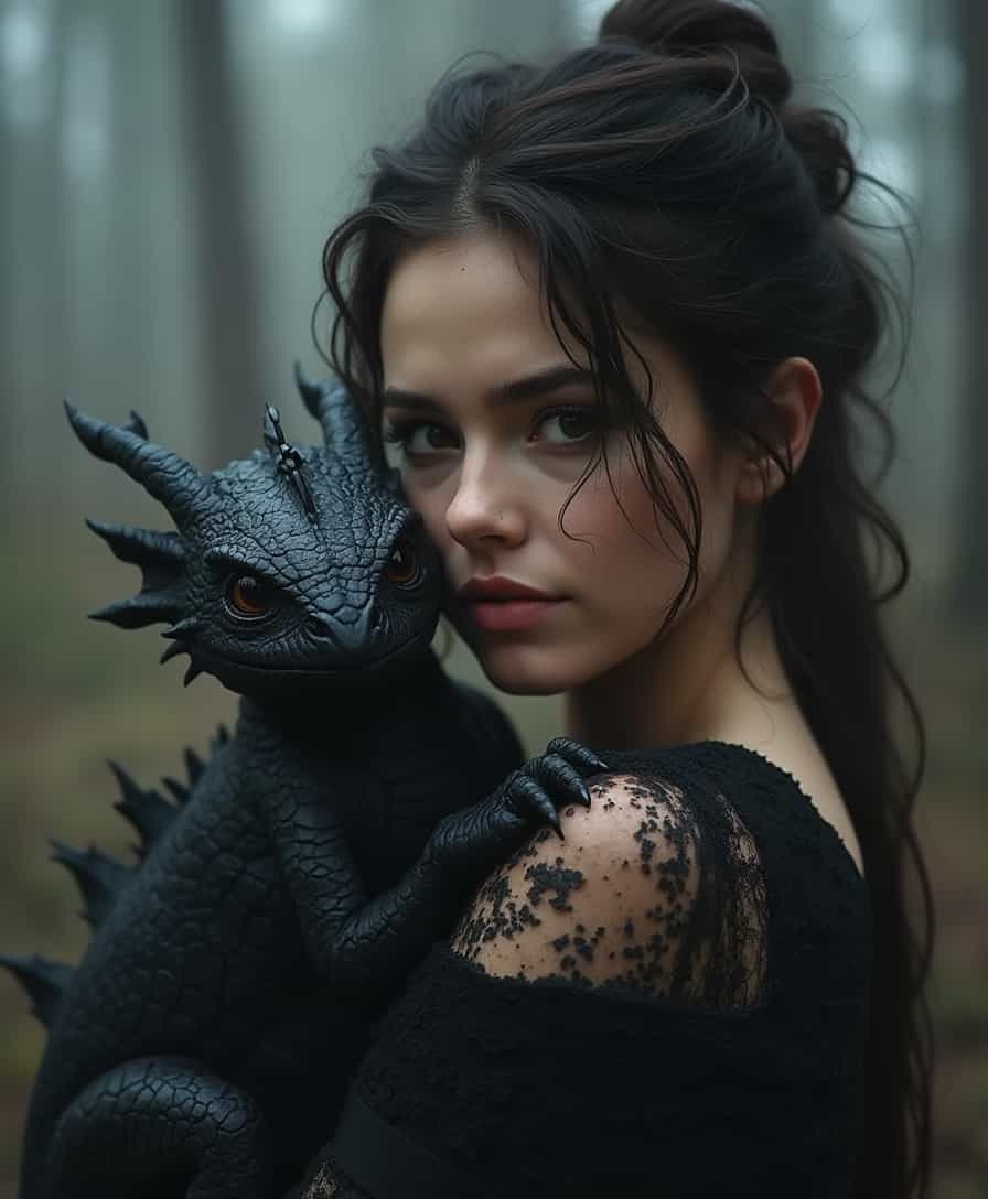 Dark Moody Atmosphere, hyper-detailed, beautifully color-coded, cinematic photo ultra realistic ultra realistic,muted colors,by Brent Heighton,by Richard Schmid,
a beautiful A 40-year-old female lady with a cute little black dragon in her arms stands,
hyperdetalization of small elegant details. the most detailed girl's face is the effect of a studio photo shoot. black-grey gamma,
splashes of black a lot of small,
exquisite,
elegant details in the style of Jean-Baptiste Monger,
perfect composition,
beautiful details,
intricate,
insanely detailed,
photorealistic.,, 35mm photograph, film, bokeh, professional, 4k, highly detailed, sharp focus, Character, Full body, Concept design, Sheet, Ultra wide view, Ultra detailed, ultra detailed, intricate details insane details, intricate details, beautifully color graded,  insanely detailed and intricate, hypermaximalist, elegant, hyper realistic, super detailed, dramatic, mysterious, dark moody atmosphere, Photorealism