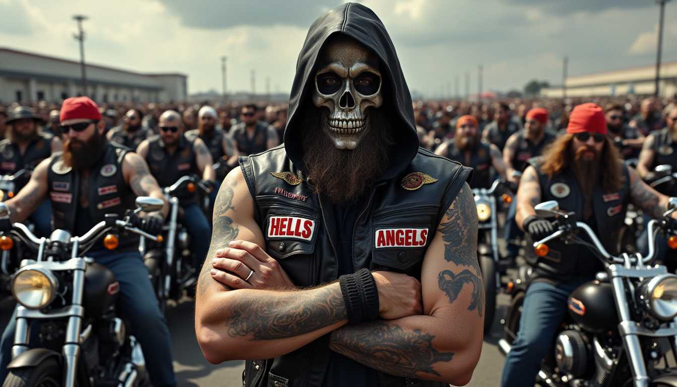 This image depicts a group of individuals, likely a motorcycle club, gathered in a large assembly. The central figure stands out prominently in the foreground, wearing a black leather vest adorned with various patches and a skull emblem on the back. The vest also features a red patch with white lettering that reads HELLS ANGELS, clear raised text, indicating a possible affiliation with the Hells Angels motorcycle club. The individual is also wearing a black leather jacket with hoodie and has a full beard, with a tattoo visible on the left arm.The central figures head is obscured by a skeletal mask with hollow eye sockets, adding to the menacing and rebellious aura of the image. The mask has a metallic sheen, giving it a three-dimensional appearance. The persons arms are crossed, and the hands are positioned in a rock on gesture, which is commonly associated with rock music and motorcycle culture.In the background, there is a sea of similarly dressed individuals, all seemingly part of the same group. They are also on motorcycles, and many are wearing bandanas or headwear. The motorcycles are mostly black, with chrome details, and are in various states of readiness, some with sidecars attached. The group appears to be in a parking lot or a similar open space, with buildings and a cloudy sky in the distance.The art style of the image is realistic, capturing the details of the clothing and the textures of the leather and metal. The medium appears to be a highresolution photograph, given the clarity and sharpness of the details. The colors in the image are primarily dark and muted, with blacks, browns, and grays dominating the palette. There are also touches of red from the patches and the sky, which adds contrast and draws attention to the central figure. The lighting in the image is natural, with shadows cast to give depth and dimension to the scene.