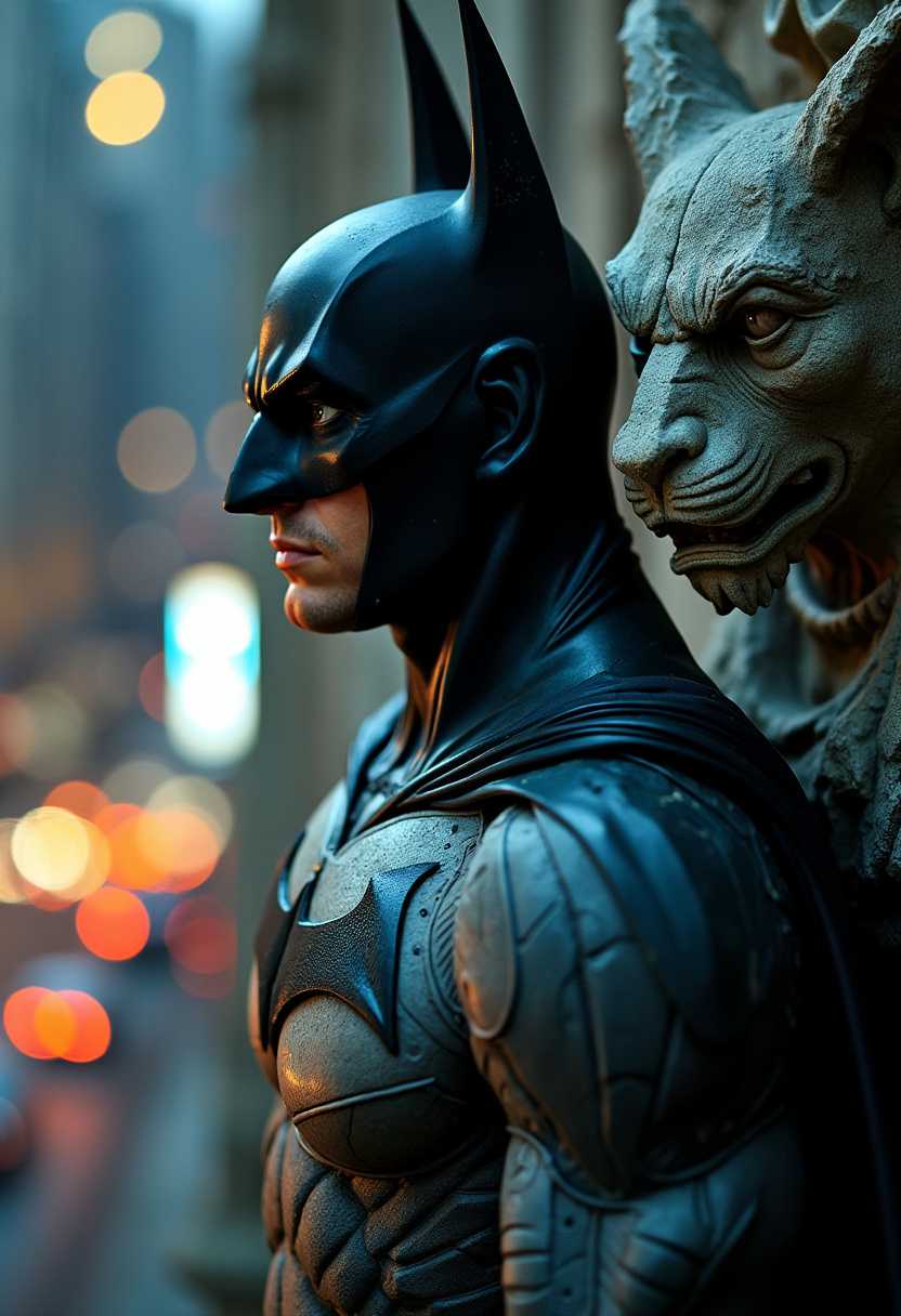 A close-up, hyper-detailed portrait of Batman next to a gargoyle, taken at night using a Sony Alpha 1 with a Zeiss Master Prime 50mm f/1.4 lens. The image captures the texture of Batman's armor and the intricate details of the gargoyle's weathered stone. The key light is positioned to emphasize Batman's intense gaze as he looks out over the city, while a subtle backlight highlights the edges of his cowl and cape. The depth of field is shallow, keeping Batman and the gargoyle in sharp focus while the city lights below blur into a soft bokeh."