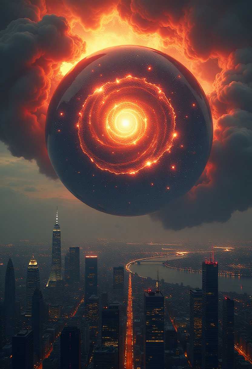 Galactic Marvel A Whirling Nebula Over a Vibrant Cityscape