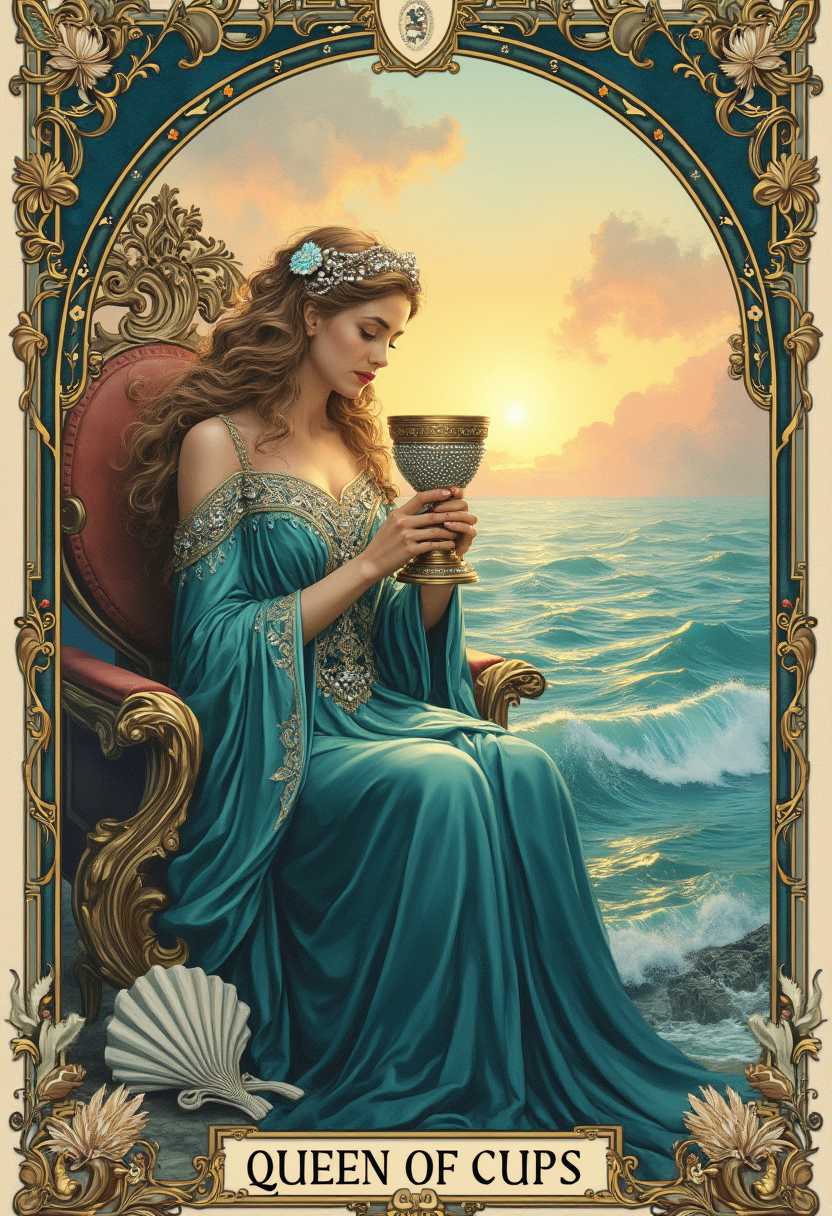 **Prompt:**

A detailed, intricately illustrated tarot card featuring the Queen of Cups. The Queen sits gracefully on an ornate throne adorned with seashell motifs and aquatic patterns. She wears a flowing robe made of shades of blue and teal, embroidered with silver threads that catch the light. Her long, wavy hair cascades like a waterfall, shimmering with a golden hue. In her hands, she gently holds an elaborately designed chalice, its surface encrusted with gems and pearls. The background showcases a tranquil sea beneath a sky tinged with the soft pastels of dawn, where the first light of day dances upon gentle waves. Art Nouveau style, with elegant, swirling lines and decorative elements that add depth and richness to the composition. Soft, diffused lighting enhances the serene, mystical atmosphere, and a subtle luminescence surrounds the Queen, highlighting her as the focal point. The overall mood is one of calm introspection and compassionate wisdom, capturing the essence of the Queen of Cups.