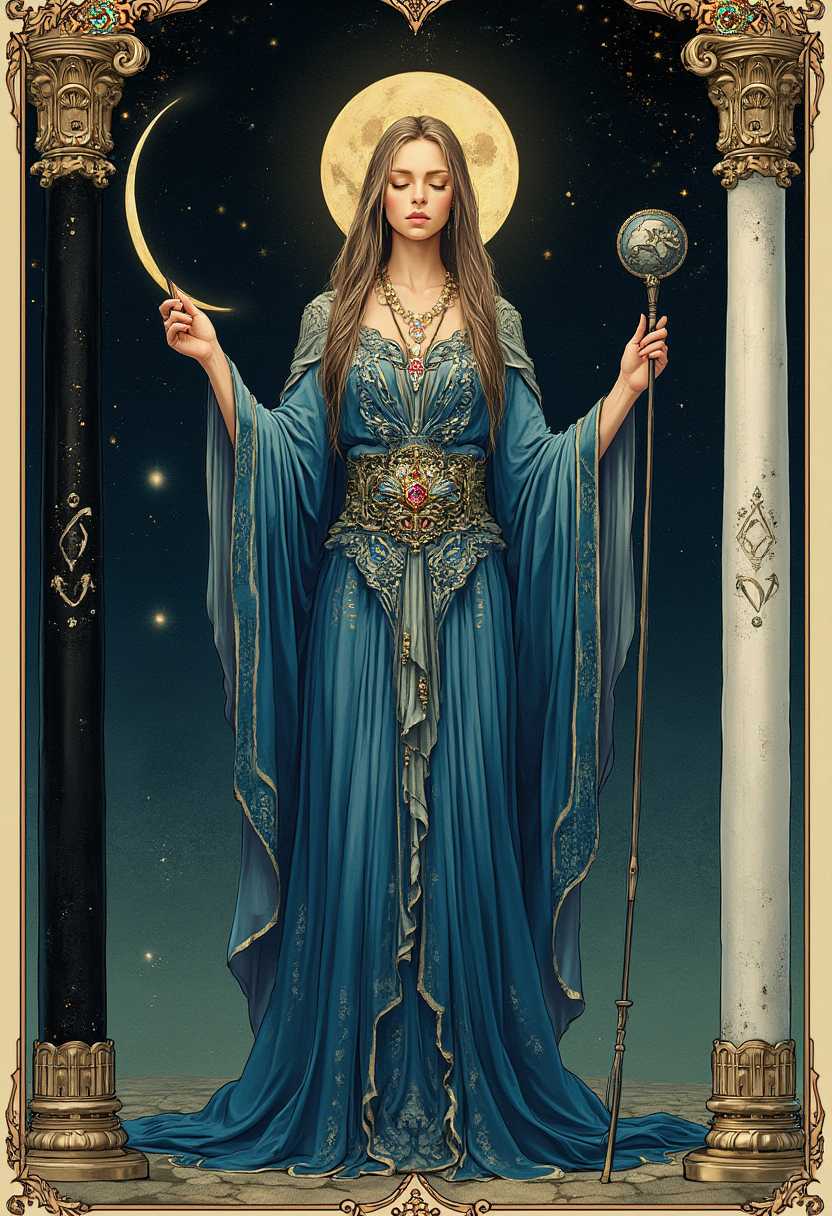 A highly detailed tarot card depicting The High Priestess. She stands serenely between two ornate pillars, one black and one white, symbolizing duality. Her robes are flowing and embellished with intricate symbols and patterns in shades of deep blue and silver, indicative of mystery and intuition. She holds a paddle in one hand and a ladle in the other, both encrusted with precious stones that catch the light. The backdrop features a crescent moon and a night sky filled with twinkling stars, casting a soft, ethereal glow. The composition is symmetrical with The High Priestess centrally positioned, her eyes partially closed as if in deep meditation. The artistic style is a blend of Art Nouveau and traditional tarot card aesthetics, with elegant lines and rich detail. The lighting is soft yet highlights her serene and wise expression, giving the scene a contemplative and mystical atmosphere.