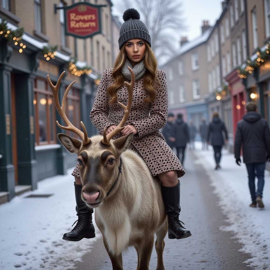 photograph of a woman riding a reindeer, facing the camera, snow, xmas, Rovers Return pub and cobbled street in background