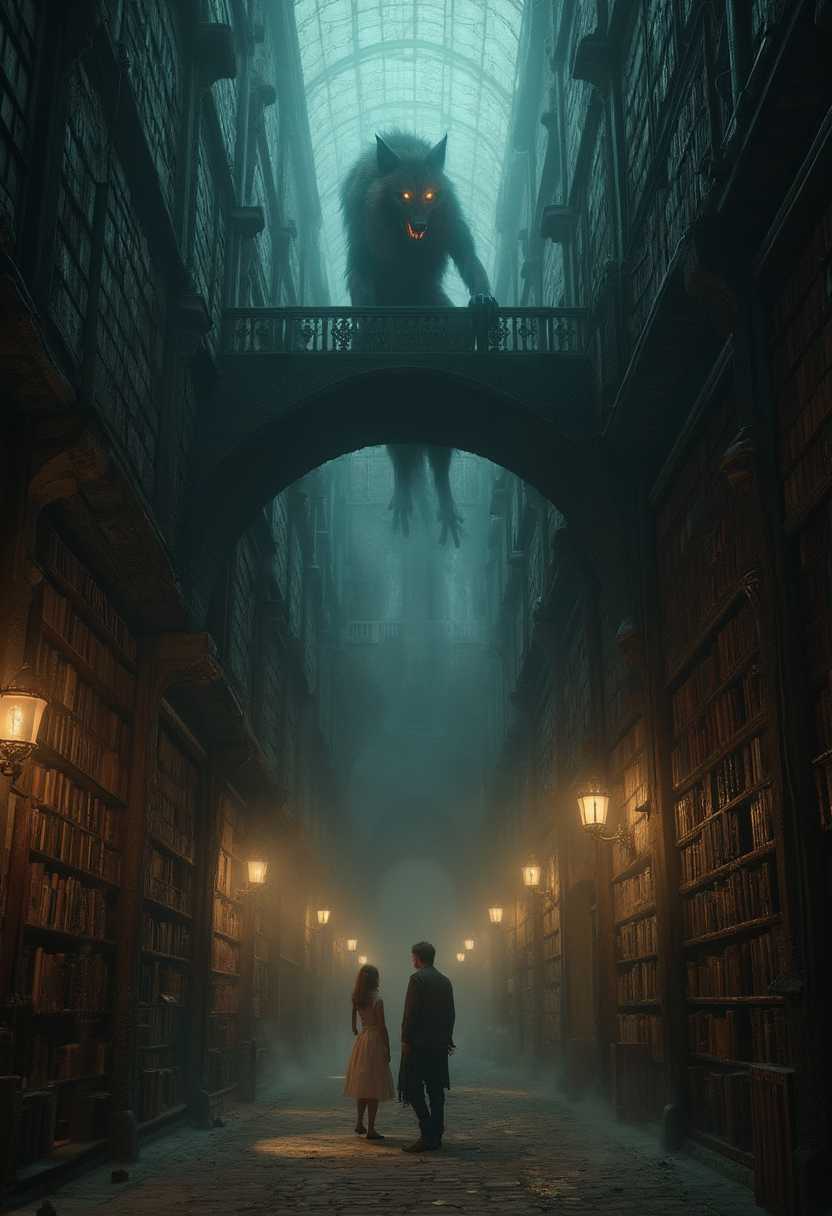 Gothic Library Scene with Man and Woman and Huge Wolf Statue