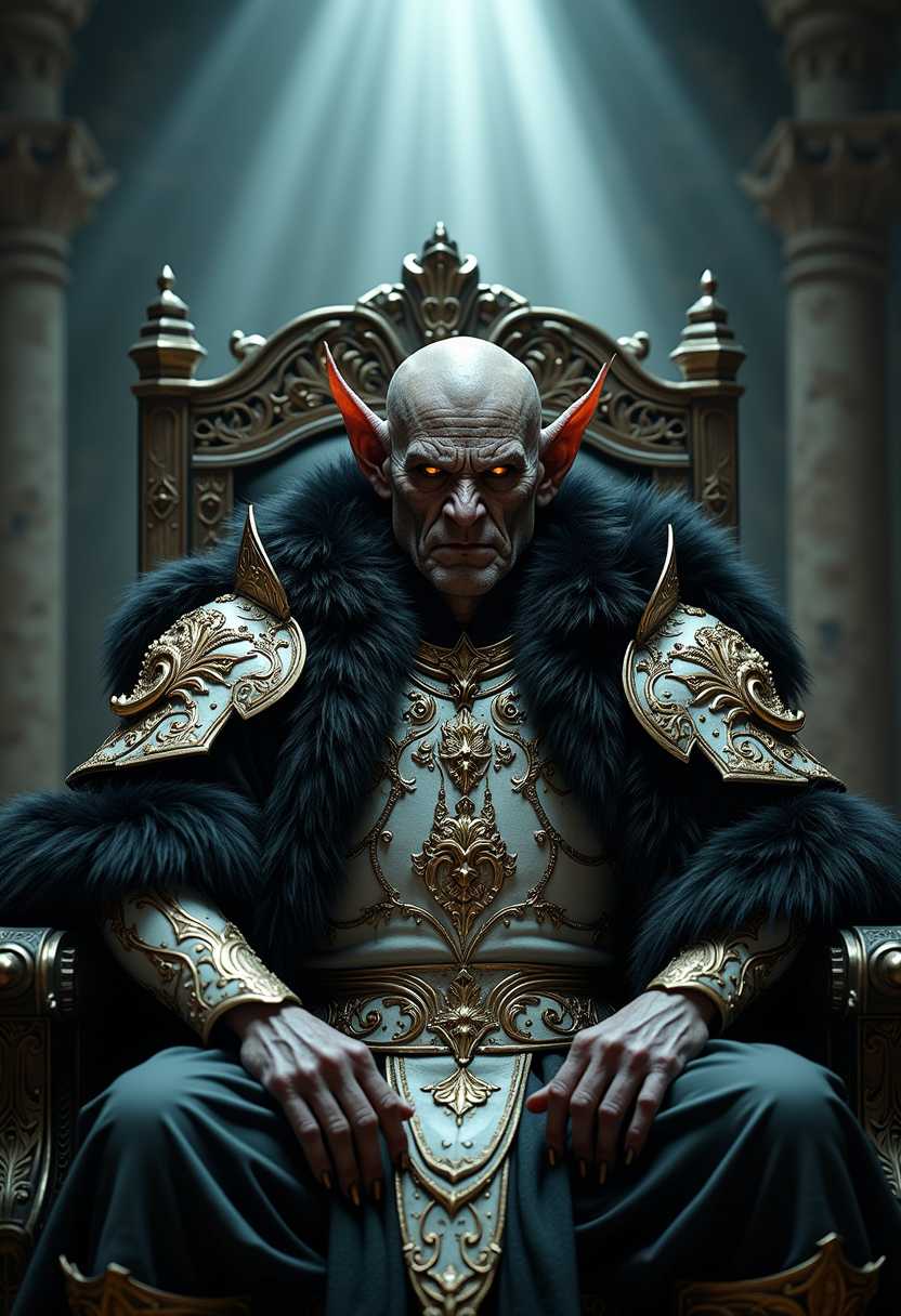 , Close-up portrait of a Goblin Emperor wearing elegant, intricately designed white and gold plate armor adorned with delicate engravings, paired with a luxurious black fur robe. He is seated on a grand, ancient stone throne in a dark, shadowy chamber. A single shaft of light falls dramatically upon him, highlighting the finely detailed armor and casting a soft glow on his skin. His face bears a subtle, yet intense angry expression, conveying authority and power. The scene is photorealistic, showcasing the majestic and ominous atmosphere with volumetric light streaming through the darkness. The composition is symmetrical, with the Goblin Emperor perfectly centered, exuding a regal presence., RPG Style,