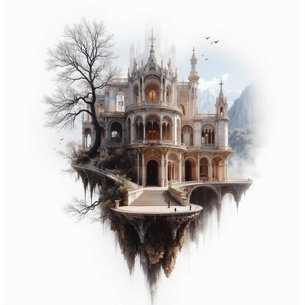 An ethereal floating palace amidst a serene mountainous landscape