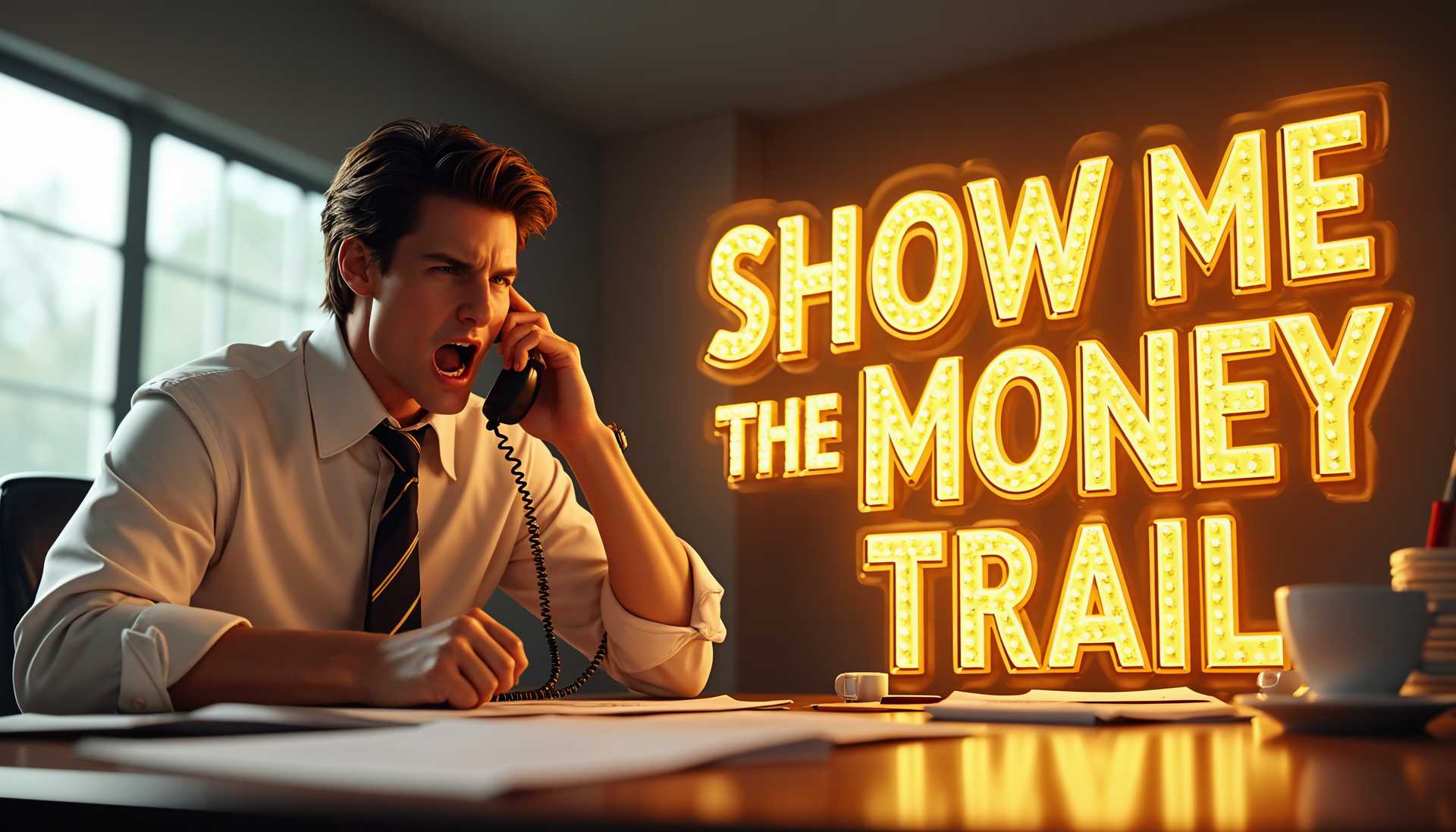 3D CGI digital image of Tom Cruise from the movie "Jerry Maguire," captured in a close-up shot. He is sitting at his desk in his office, mid-yell into his phone, with an intense and determined facial expression. His iconic business attire—white dress shirt with rolled-up sleeves and a loosened tie—adds authenticity. The desk is cluttered with paperwork, a coffee mug, and a computer, reflecting a busy office environment. The lighting is soft yet dramatic, highlighting the tension and focus on his face. In the background, the office is bathed in natural daylight streaming through the windows. Bold, dynamic 3D text floats in front of him, reading "SHOW ME THE MONEY TRAIL," in an eye-catching metallic gold, with a glossy finish, casting subtle shadows onto the desk. The entire scene is rendered in hyper-realistic, high-definition CGI, enhancing every detail from skin texture to the reflective surfaces of the objects.