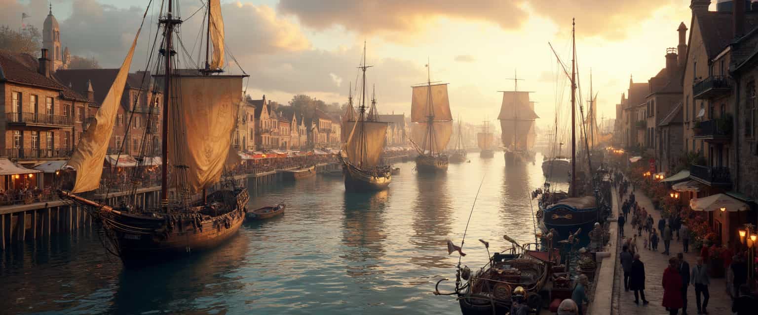 
ultra realistic, render, 8k, cinematic style, highly detailed, wide angle 24mm, small aperture 16f, photorealistic landscape, historic port city, sailing boats on the water, lively promenade at the port, merchants, buildings, evening mood