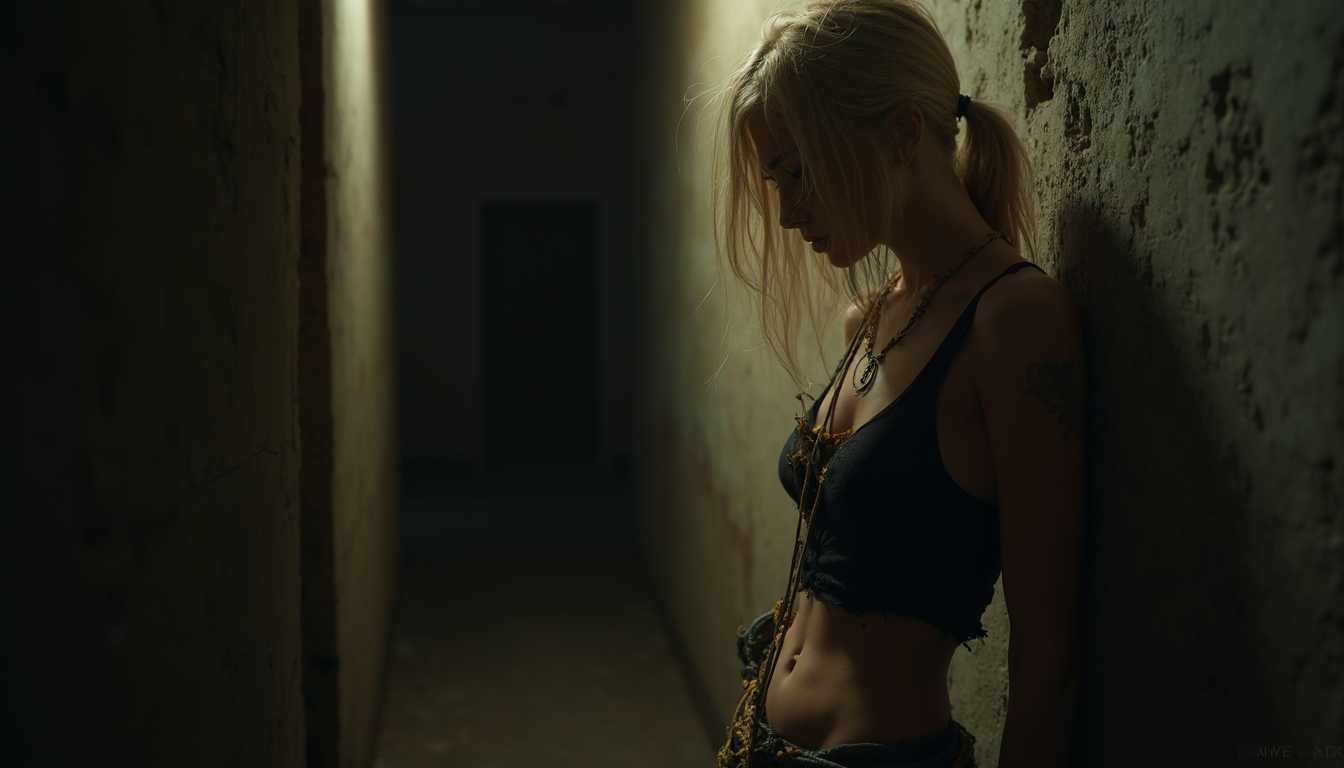 Contemplative Blonde in a Shadowy Corridor
