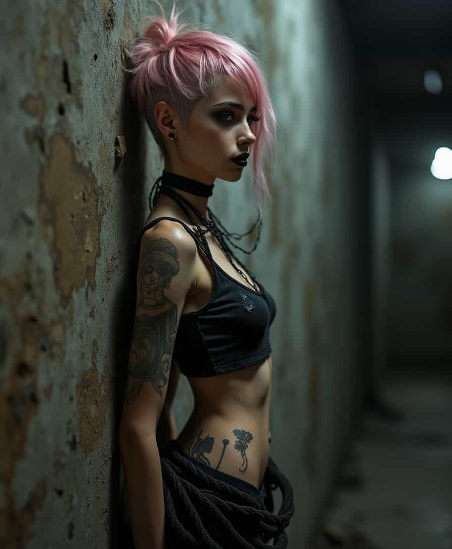 Edgy and Elegant A Fashionable Femme Fatale in a Dystopian Corridor