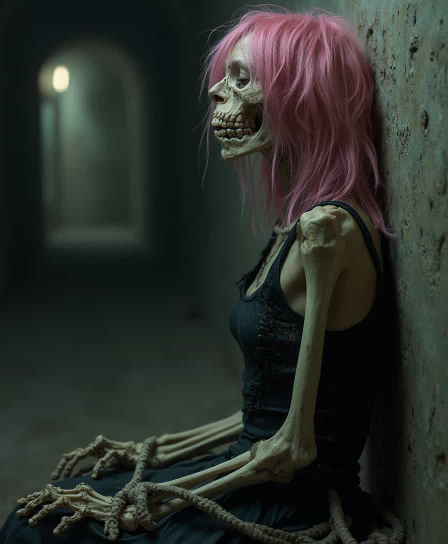 (masterpiece), (hyper detailed), (ultra realistic), (high resolution), 8k, (photorealistic), 
human skeleton, long pink messy hair with undercut, tiny black scratched and torn tank top, only covered in ropes, sit down and leaning on wall in dark cellar, dark light, dark scene, side light, bokeh, blurred background,  