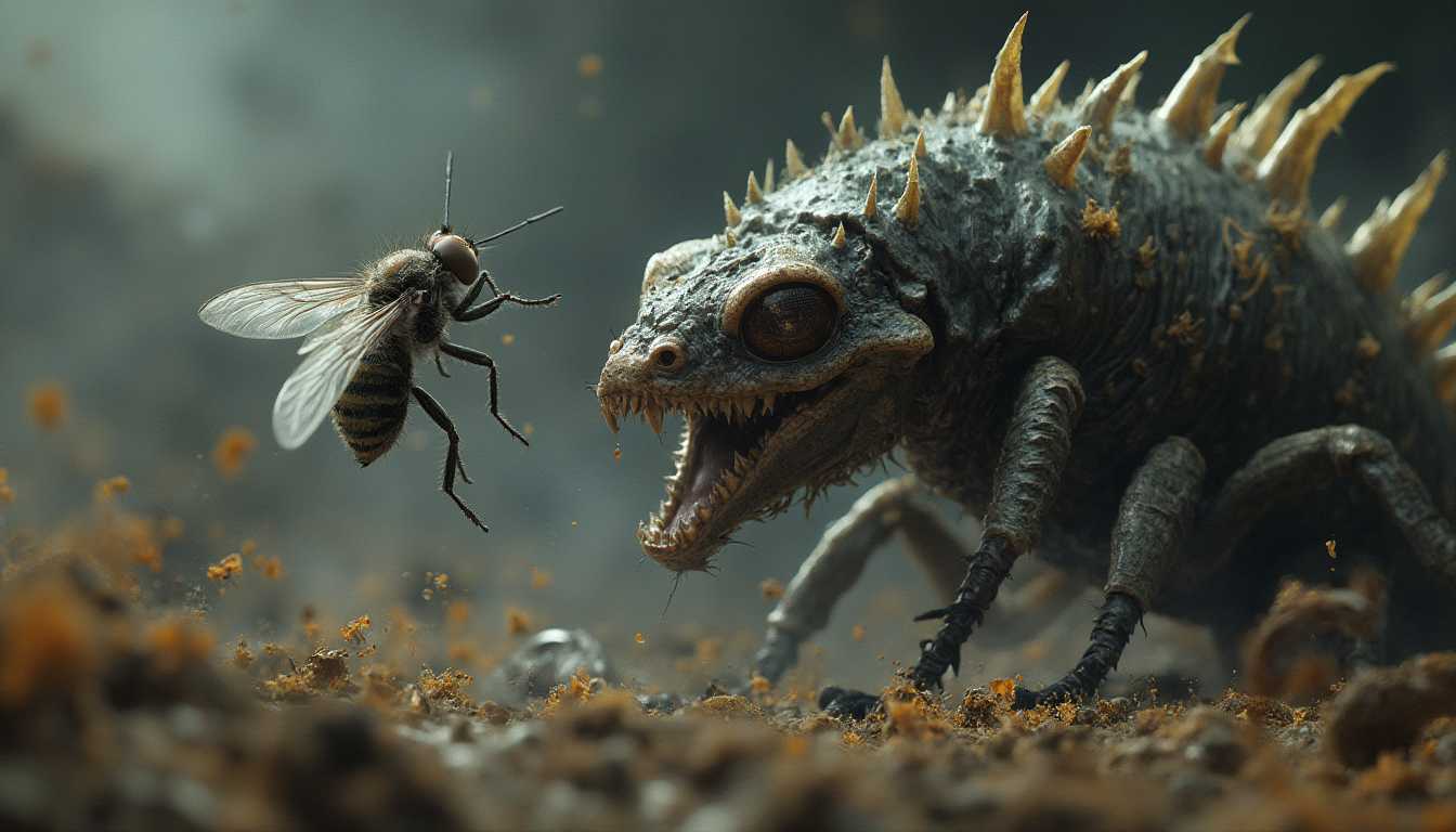 (masterpiece), (hyper detailed), (ultra realistic), (high resolution), 8k, (photorealistic), 
looking through a magnifying glass, a fly fighting against mikro godzilla,