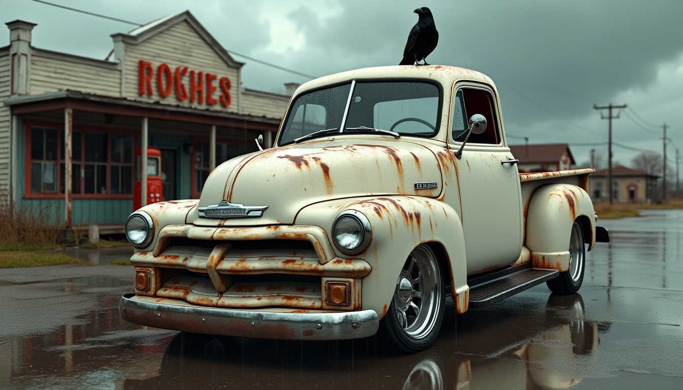 A highly detailed photorealistic 4k image of a 1950's shiny white pickup truck with some rust on the fenders and hood and has shiny chrome rims with a crow sitting on the hood. In the background is an old abandoned gas station with other abandoned stores. There is also some water puddles and overgrown weeds around the gas station. It is a rainy day with dark clouds in the sky.