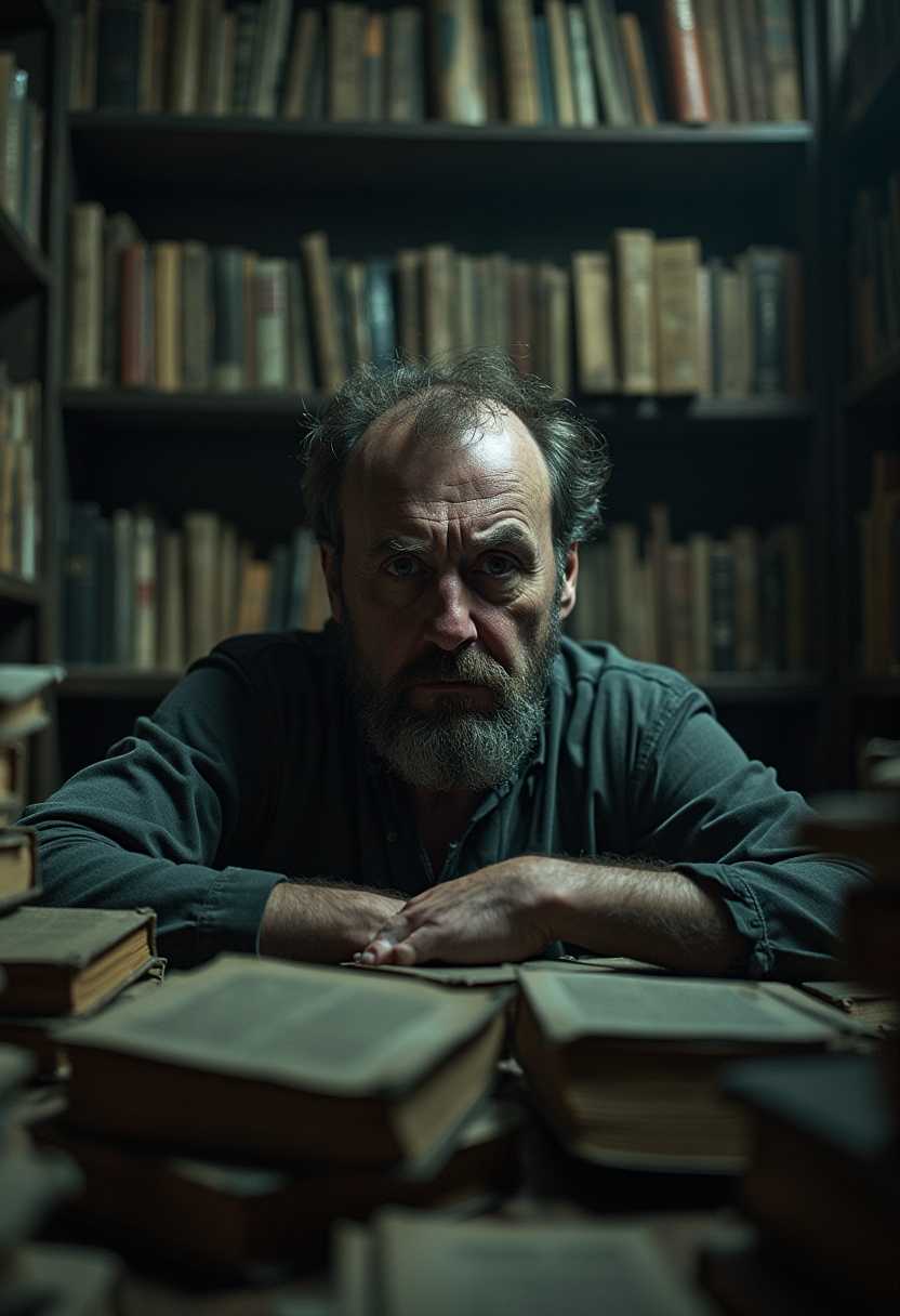 A moody, noir-inspired portrait of a man in a dimly lit, decrepit library, surrounded by ancient, forbidden tomes. Shot with an Arri Alexa LF using a Zeiss Master Prime 50mm lens, the image captures the intense expression of fear and madness on the man’s face. The use of Rembrandt lighting creates a stark contrast between light and shadow, emphasizing the textures of the old books and the decaying room. The atmosphere is thick with tension, as if the very walls are closing in, drawing inspiration from Gregory Crewdson’s meticulous staging."